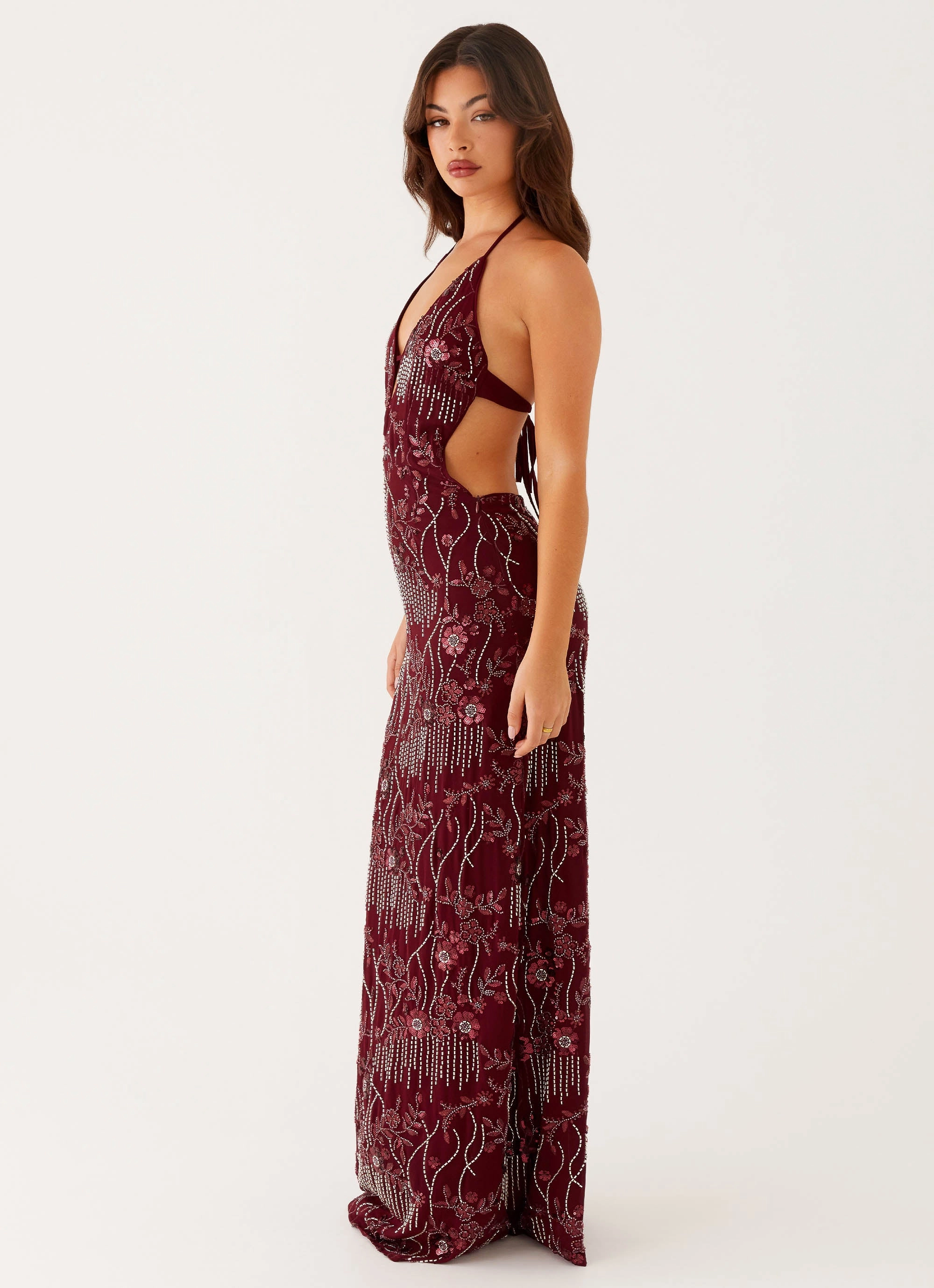 All For Love Maxi Dress - Burgundy High-waist High Neck