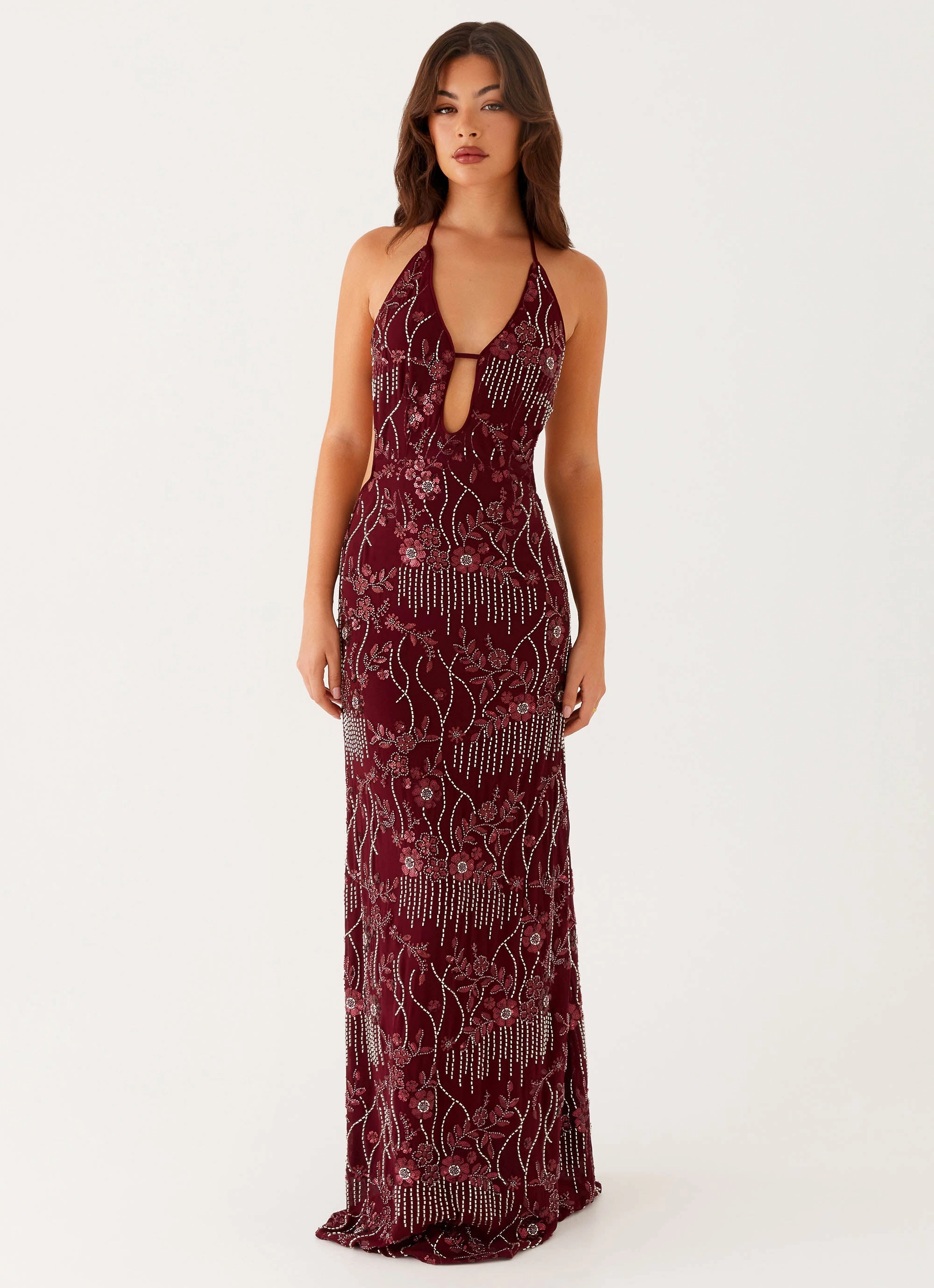 All For Love Maxi Dress - Burgundy Modern Silhouette Evening Tone