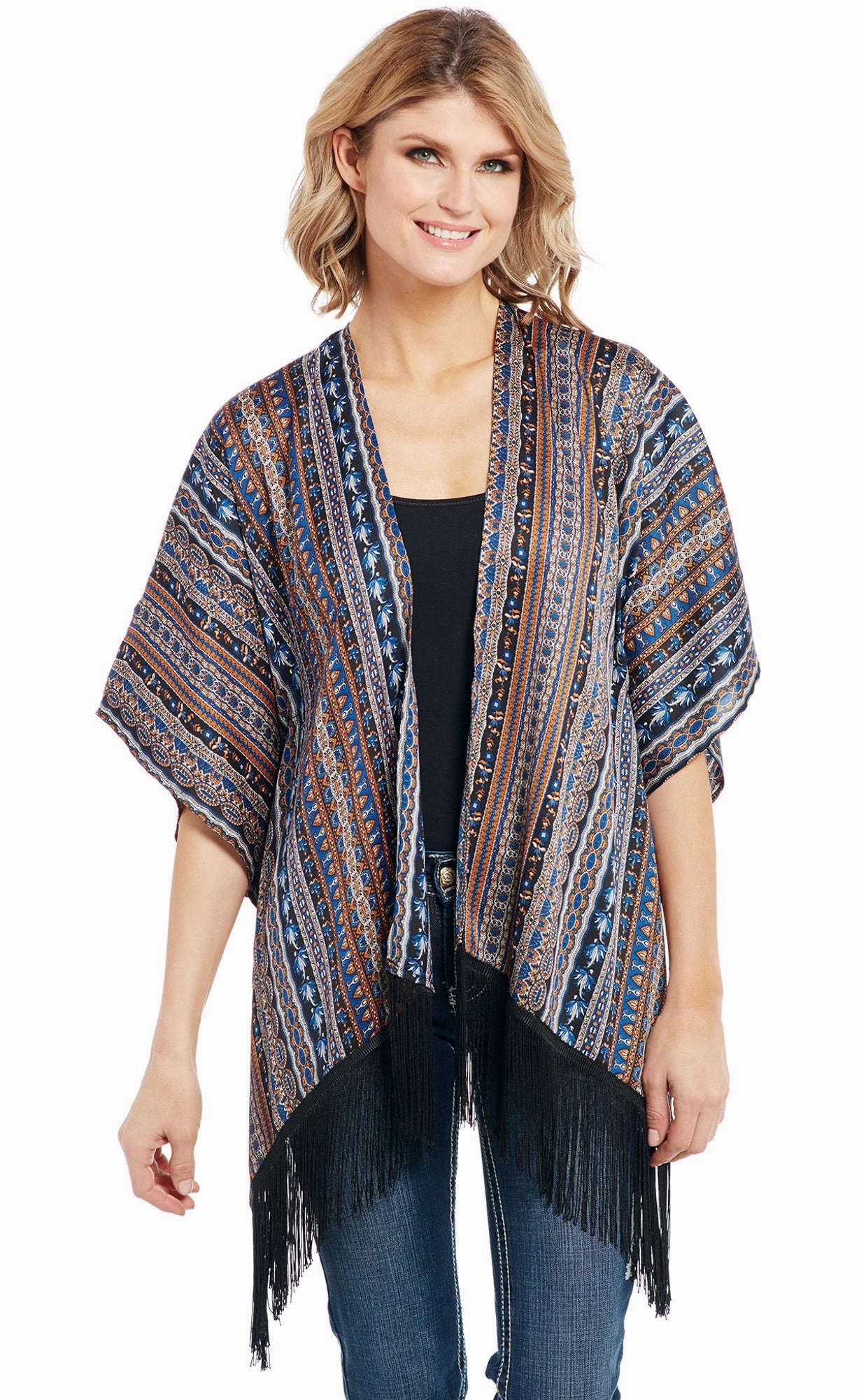 Cowgirl Up Womens Multi-Color Polyester Fringe Hem Kimono Cardigan S/S Light Reflective Yarn