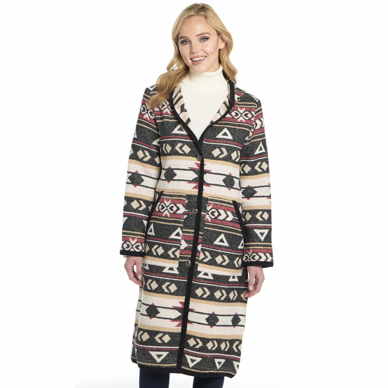 Cripple Creek Womens Button Front Navajo Blanket Red Birch Polyester Duster Coat Water Repellent Coating Frictionless Inner Layer