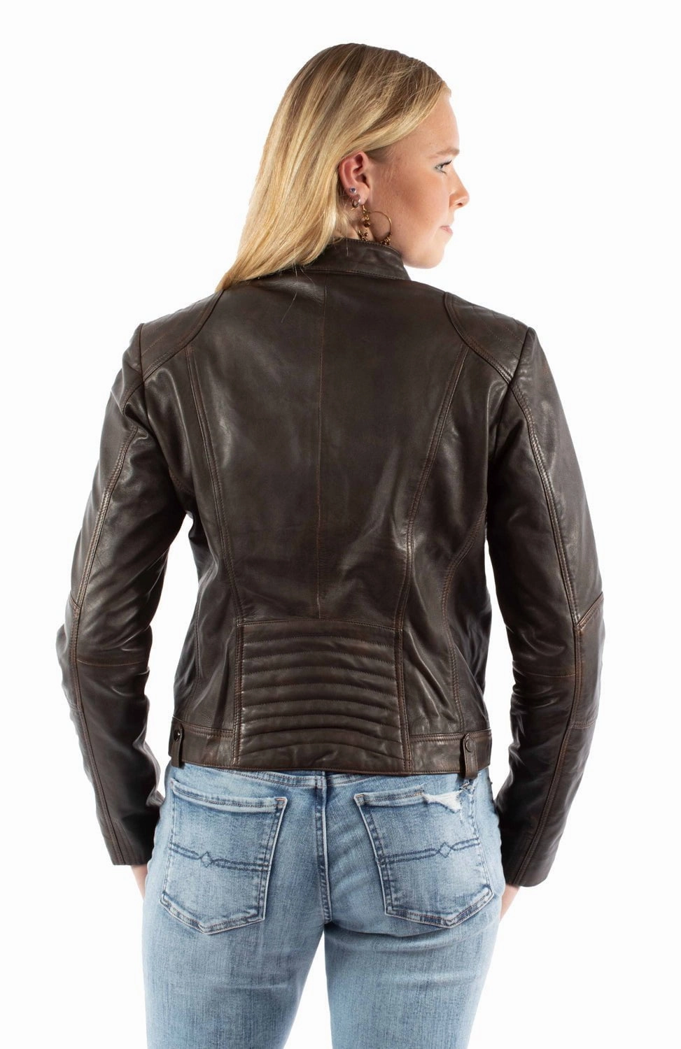 No Collar Scully Womens Vintage Cafe Racer Brown Lamb Leather Leather Jacket