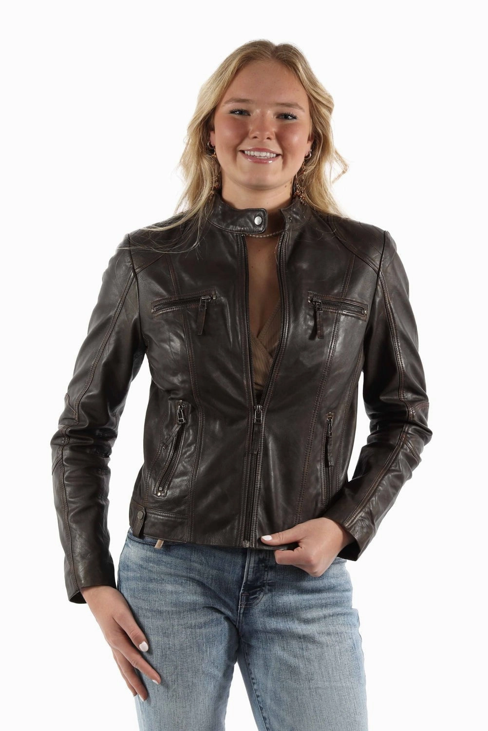 Abrasion resistant Scully Womens Vintage Cafe Racer Brown Lamb Leather Leather Jacket