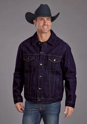 Stetson Mens Raw Denim Gold Stitch Dark Blue 100% Cotton Jacket Durable Water Repellent Finish Low Profile Insulation
