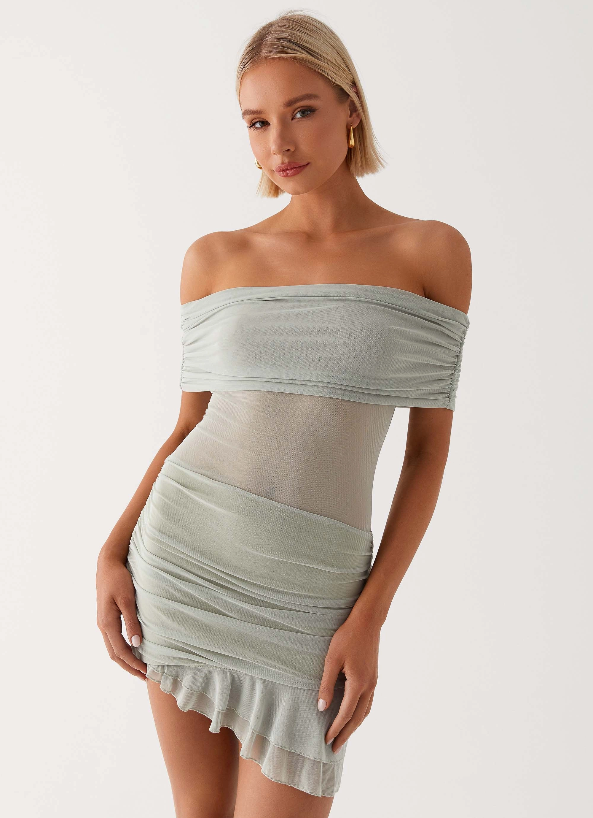 Nelly Off Shoulder Mini Dress - Pistachio Comfy Look Eye Catching