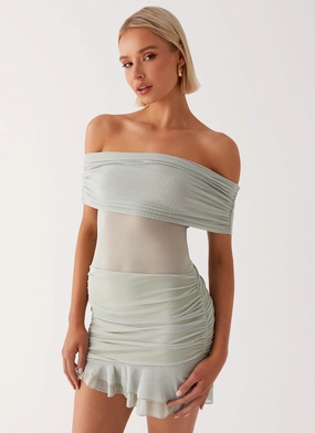 Nelly Off Shoulder Mini Dress - Pistachio Fast Chic