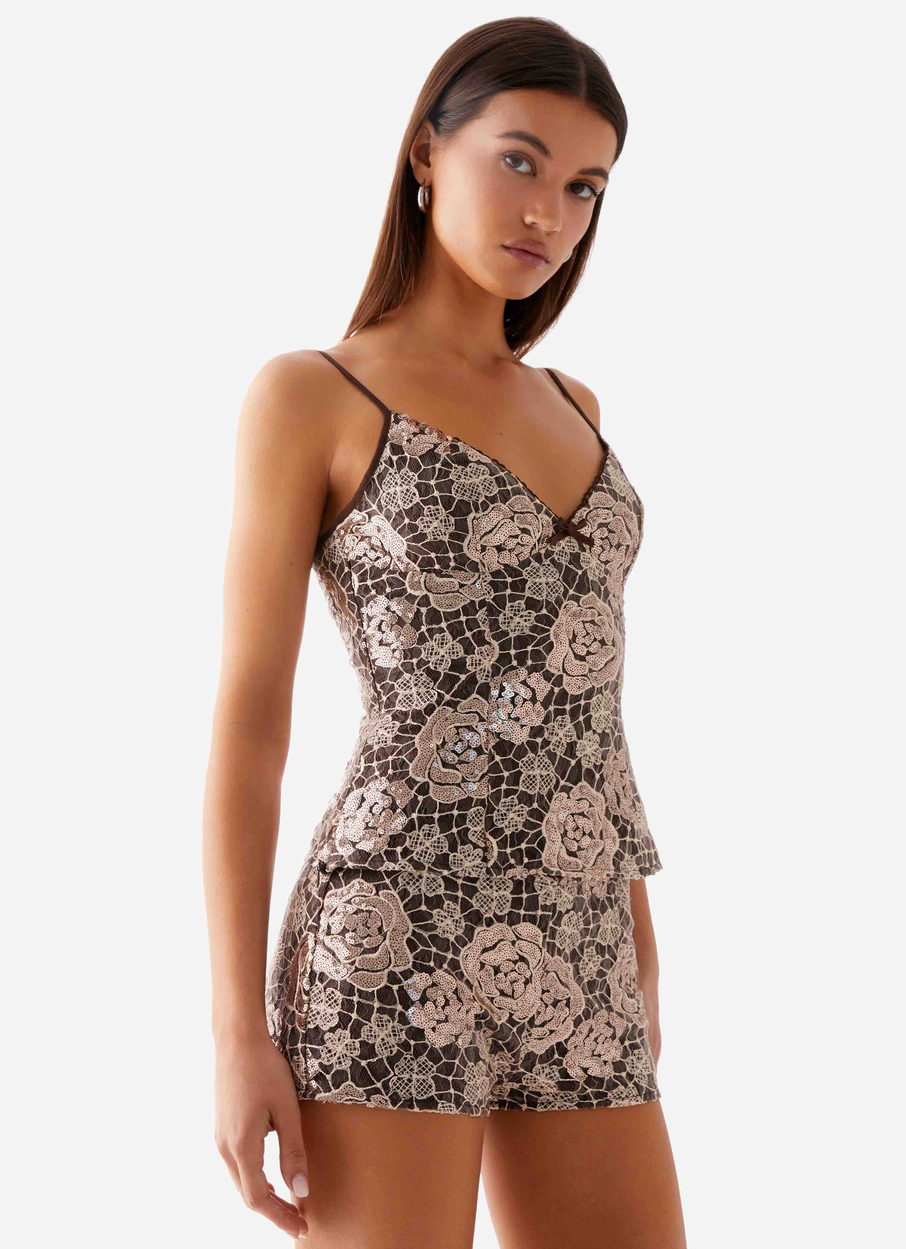 NonIrritatingSeams Comfort Cushion Neckline Apolina Sequin Cami Top - Chocolate