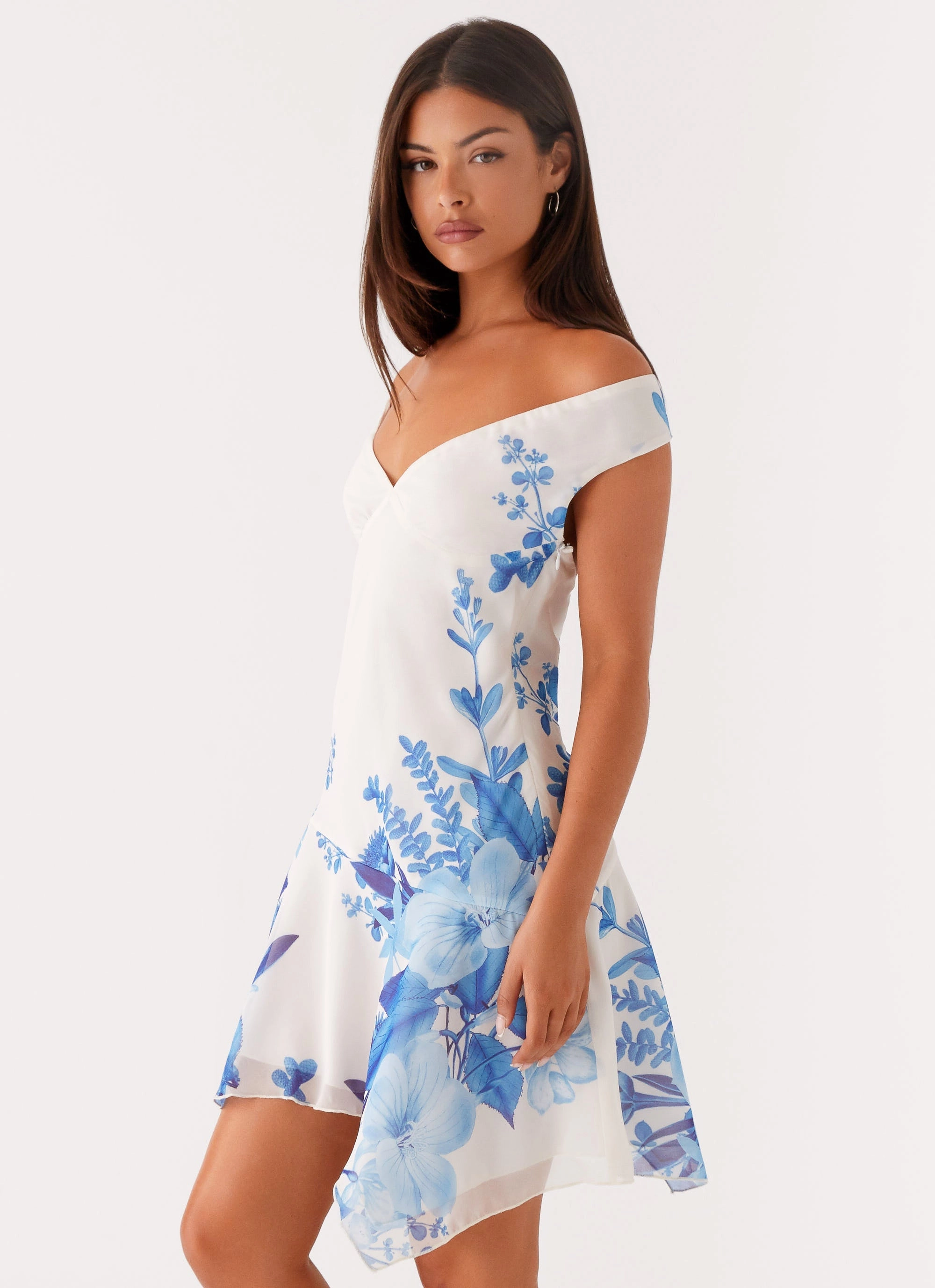 Alma Mini Dress - Blue Floral Print Draped Fabric