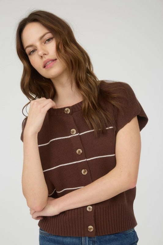 VentilatedMeshPaneling Non Irritating Label Amanda Stripe Button Down Short Sleeve Knit Cardigan