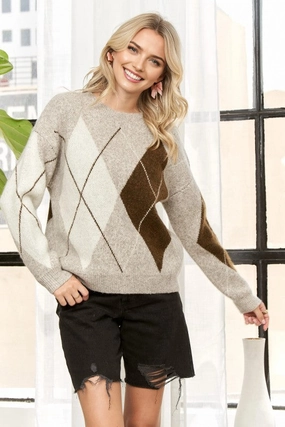 Comfy Layered Wear Snuggle Ready Amanda Wool Blend Diamond Print Knit Sweater