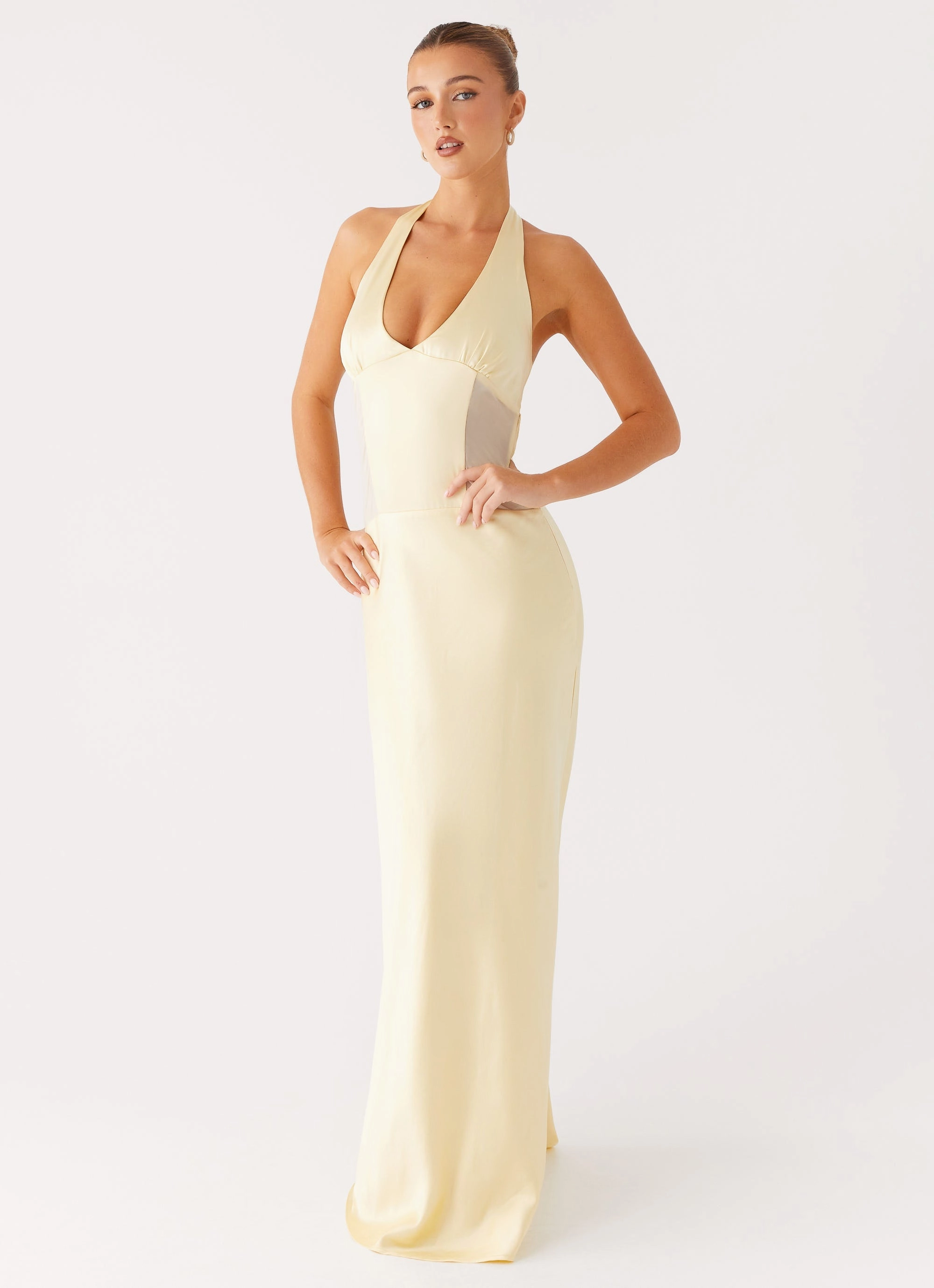 Ambre Mesh Panel Maxi Dress - Yellow Subtle Charm Balanced Lines
