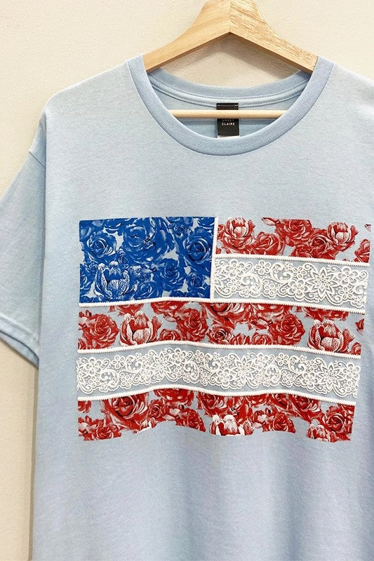 America Flag Puff-Print Tee S-XL Smooth Jersey Texture Scoop neck femininity