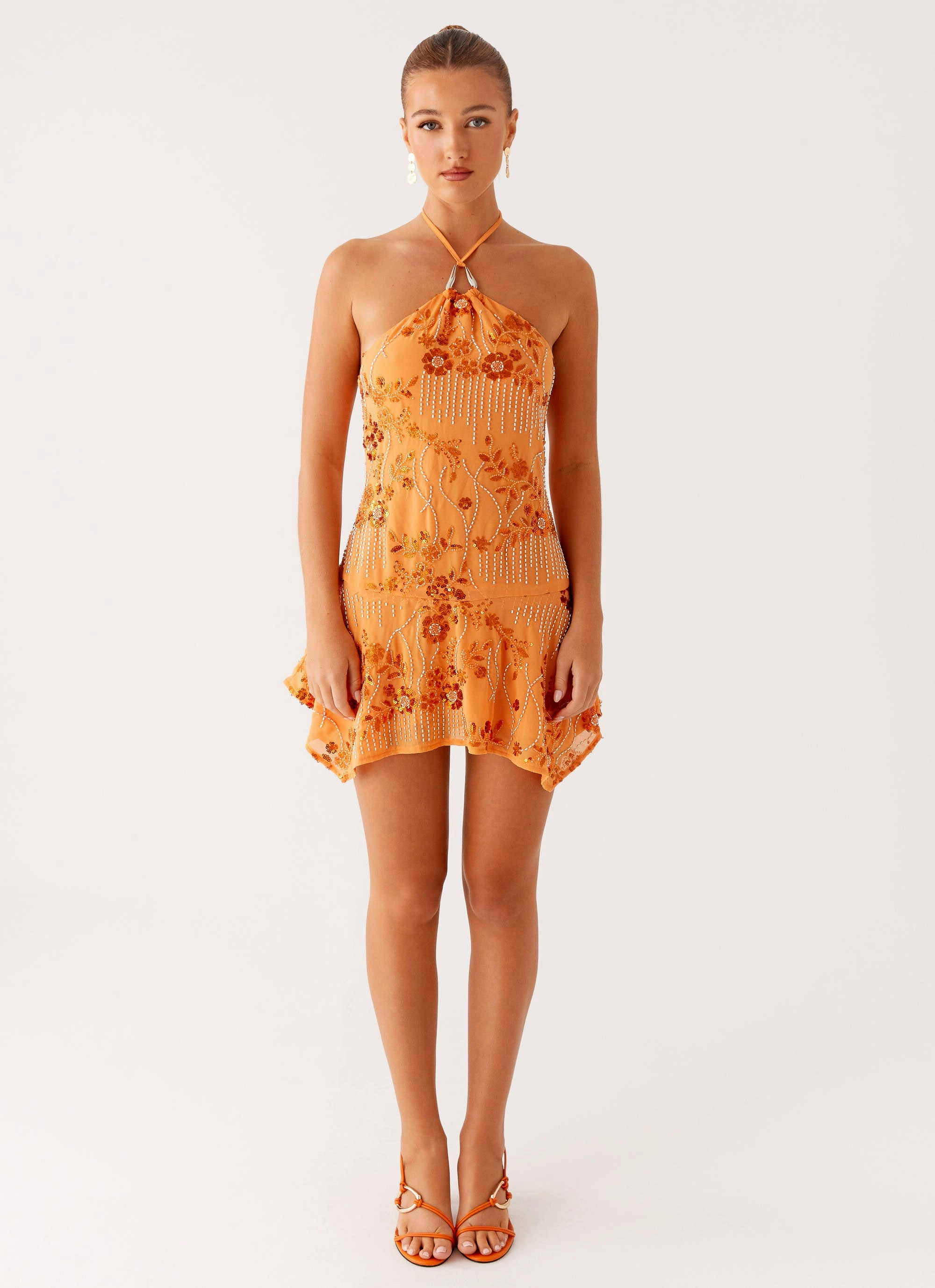 Ampolia Halter Mini Dress - Orange Quiet Sweet Free Shape
