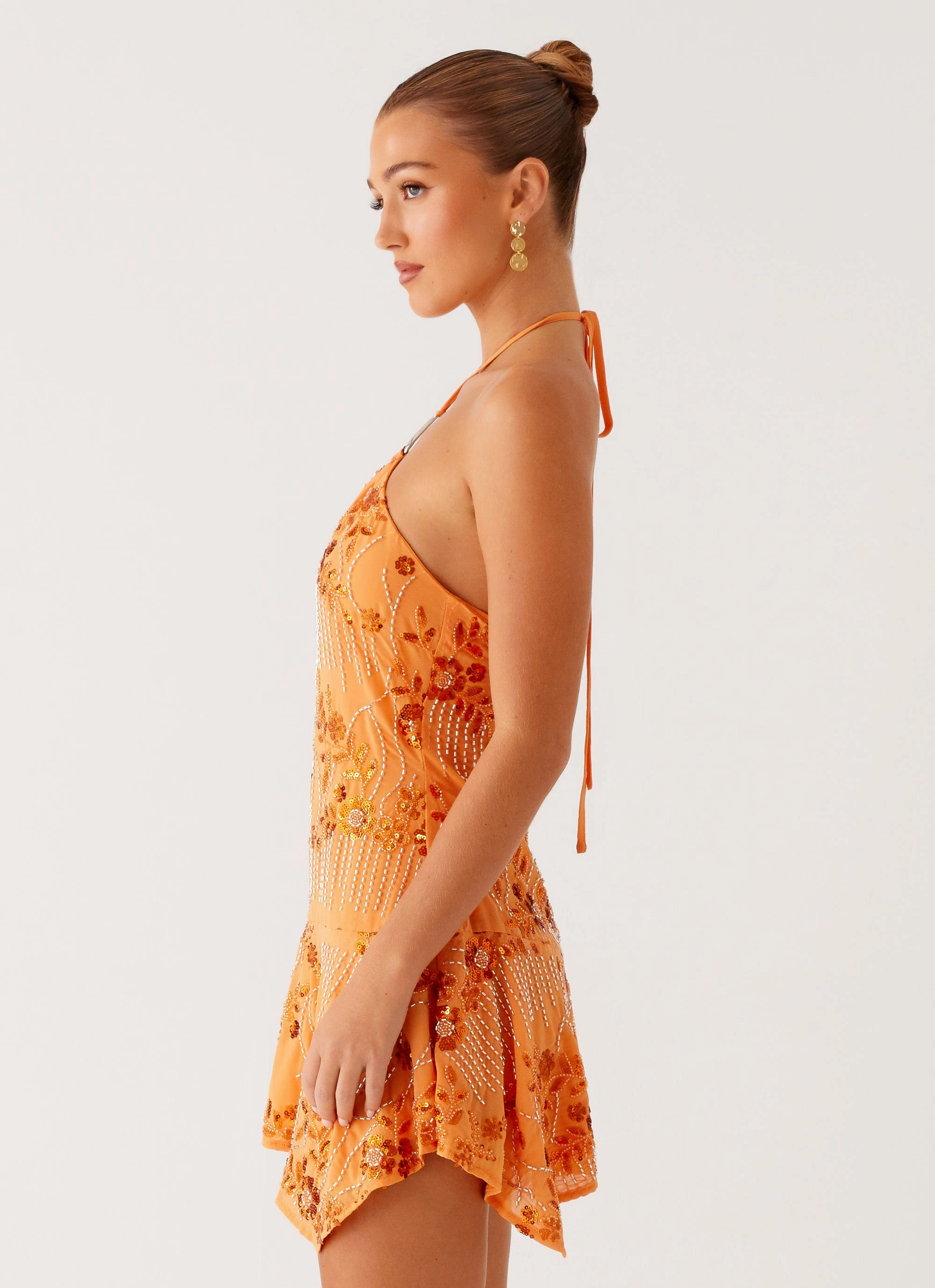 Ampolia Halter Mini Dress - Orange Machine-washable Casual Wear