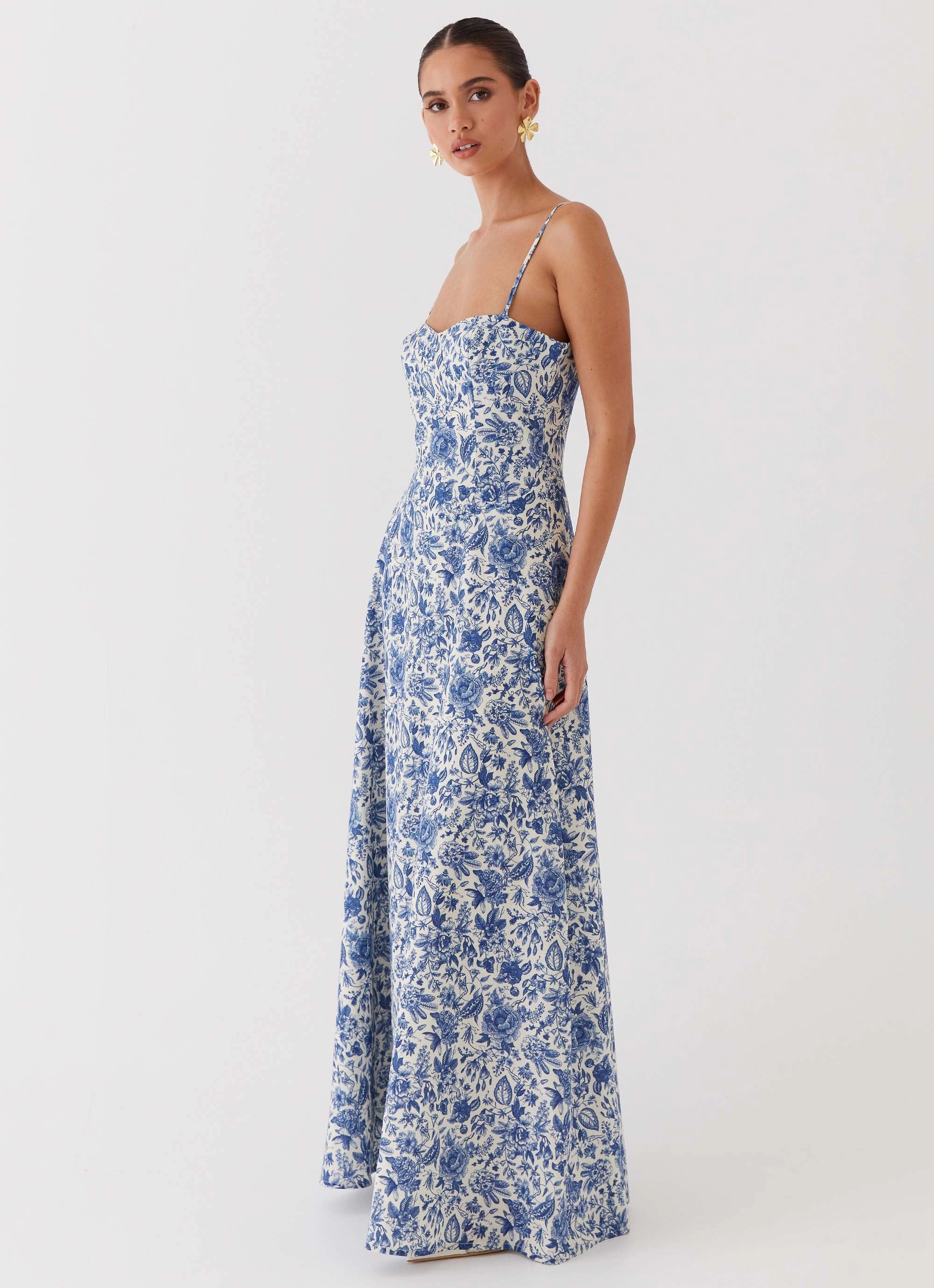 Layered Look Angelina Linen Maxi Dress - Blue Paisley