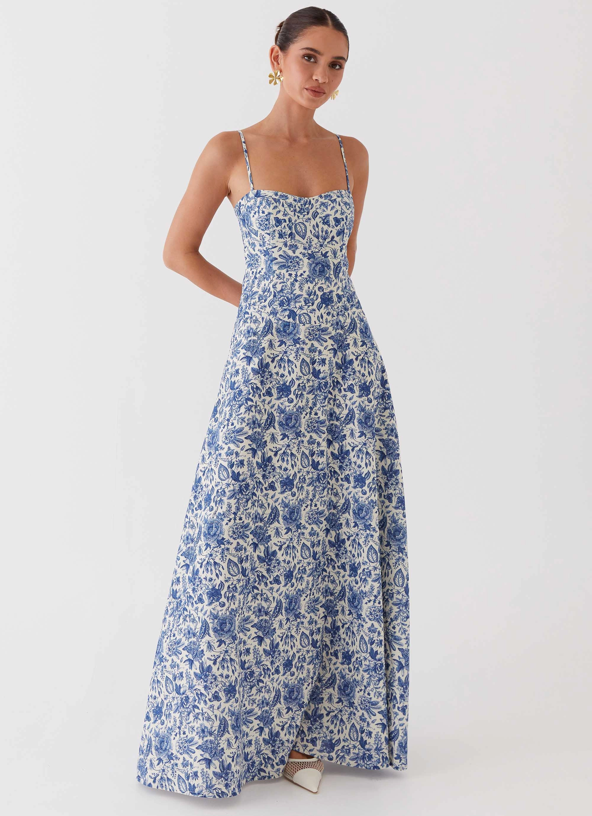 Angelina Linen Maxi Dress - Blue Paisley Classic and Chic Grace Glow