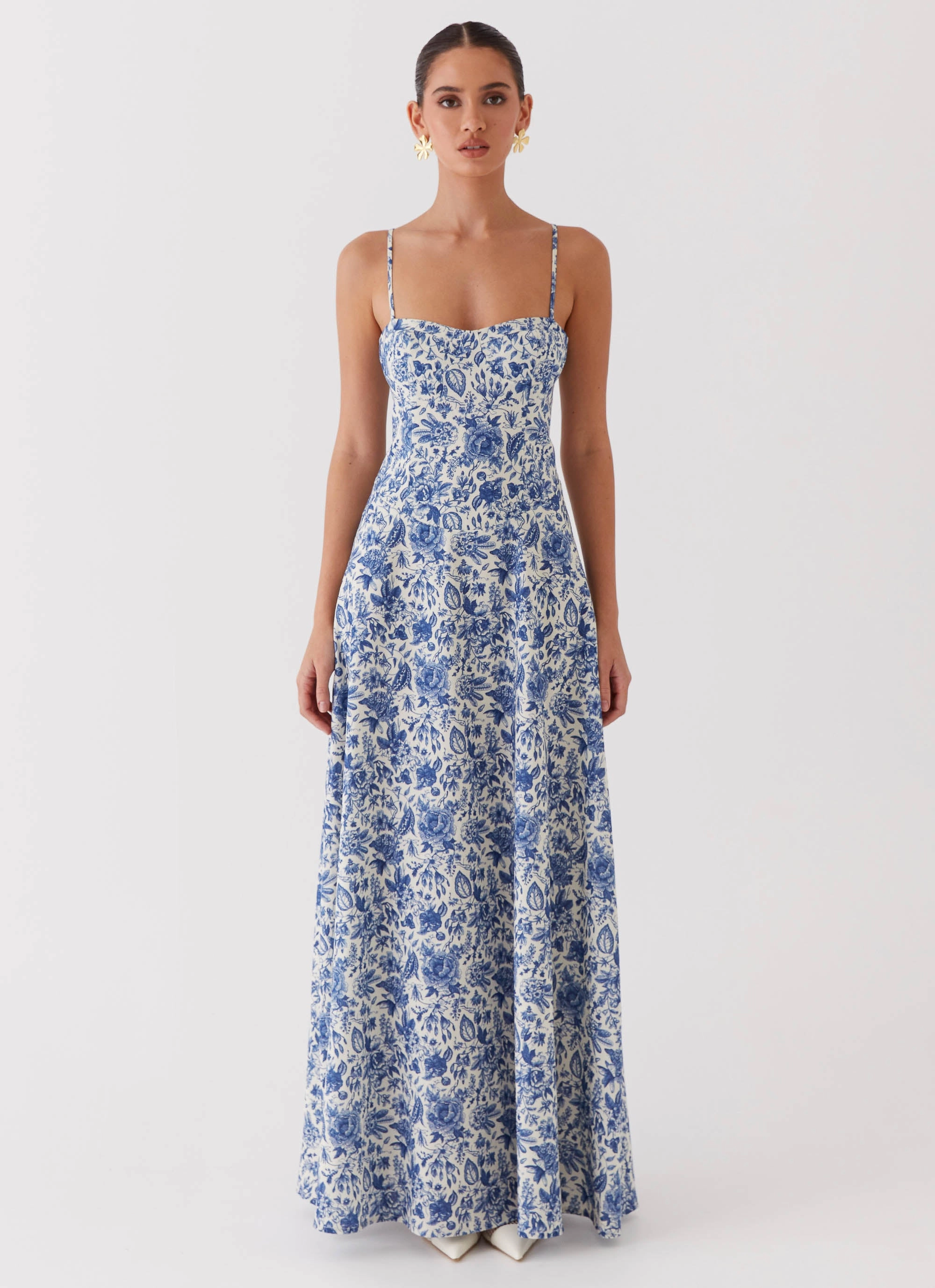 Soft Feel All Gender Fit Angelina Linen Maxi Dress - Blue Paisley