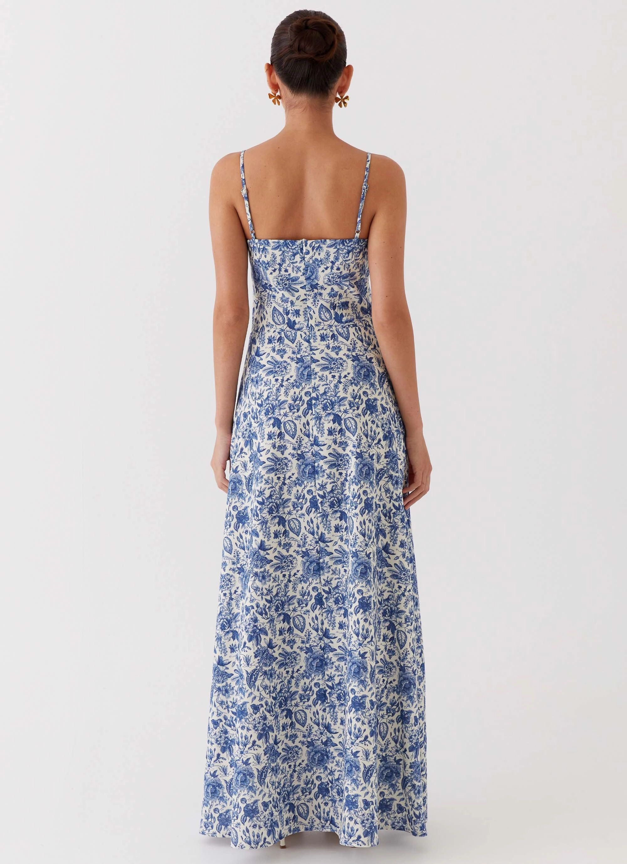 Angelina Linen Maxi Dress - Blue Paisley button detail