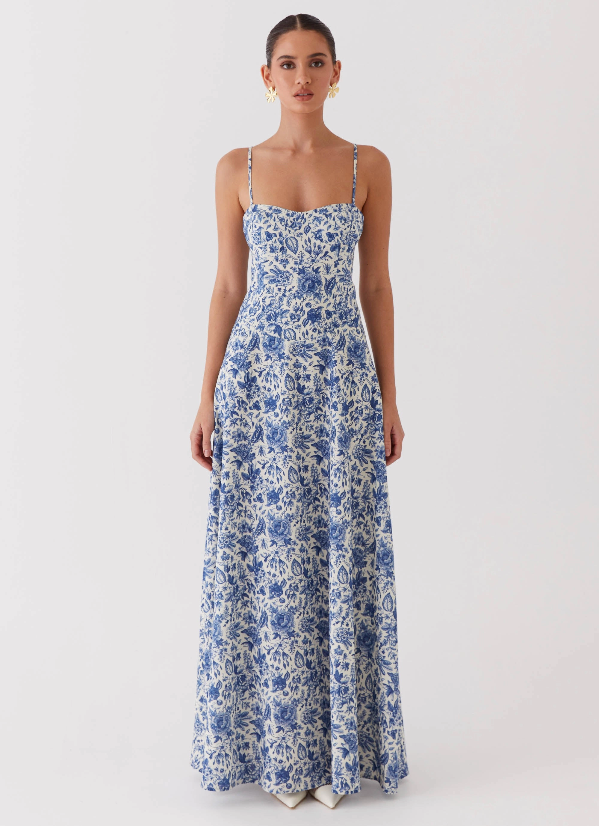 Event Perfect Angelina Linen Maxi Dress - Blue Paisley