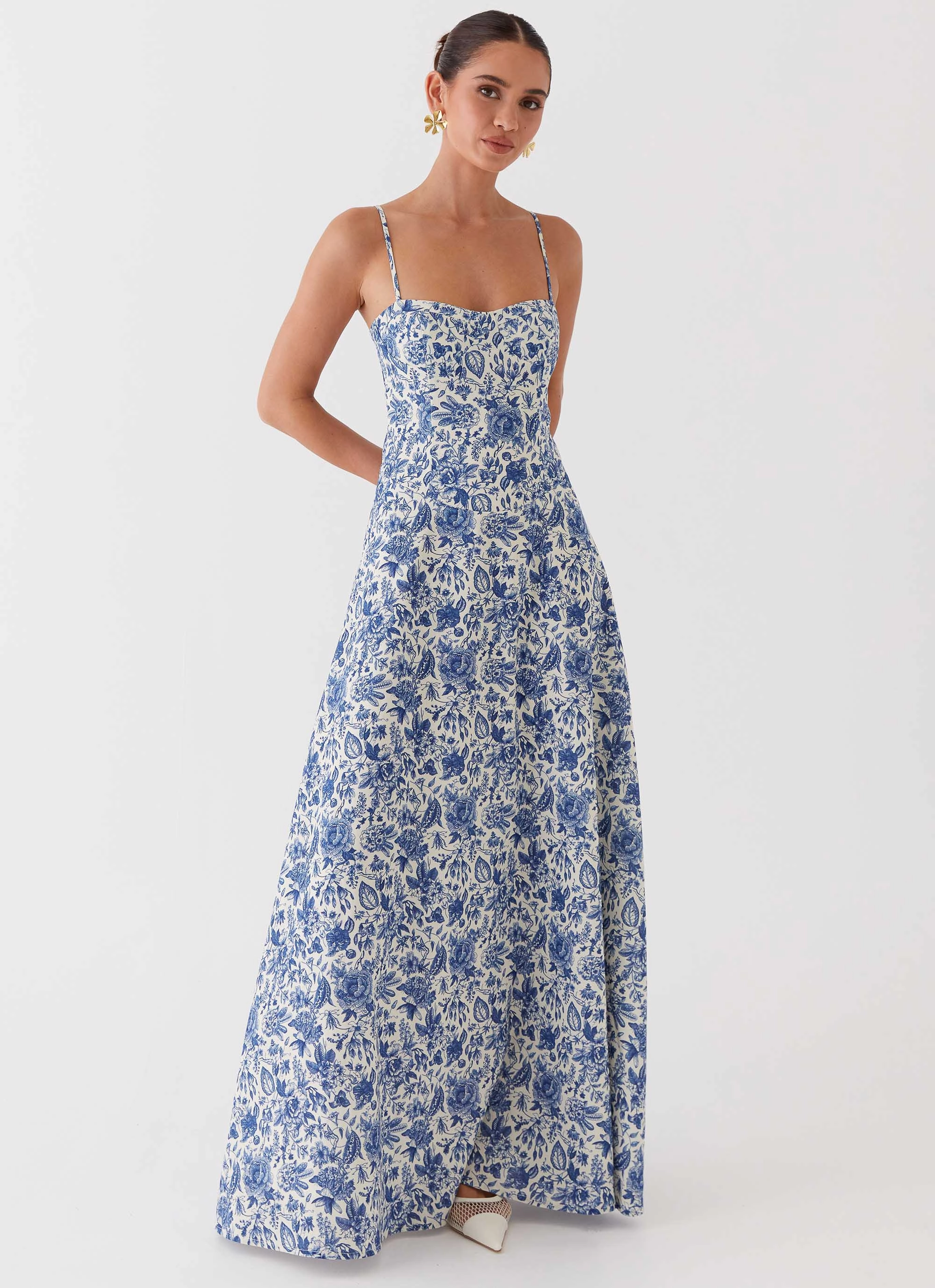 Night Charm Angelina Linen Maxi Dress - Blue Paisley