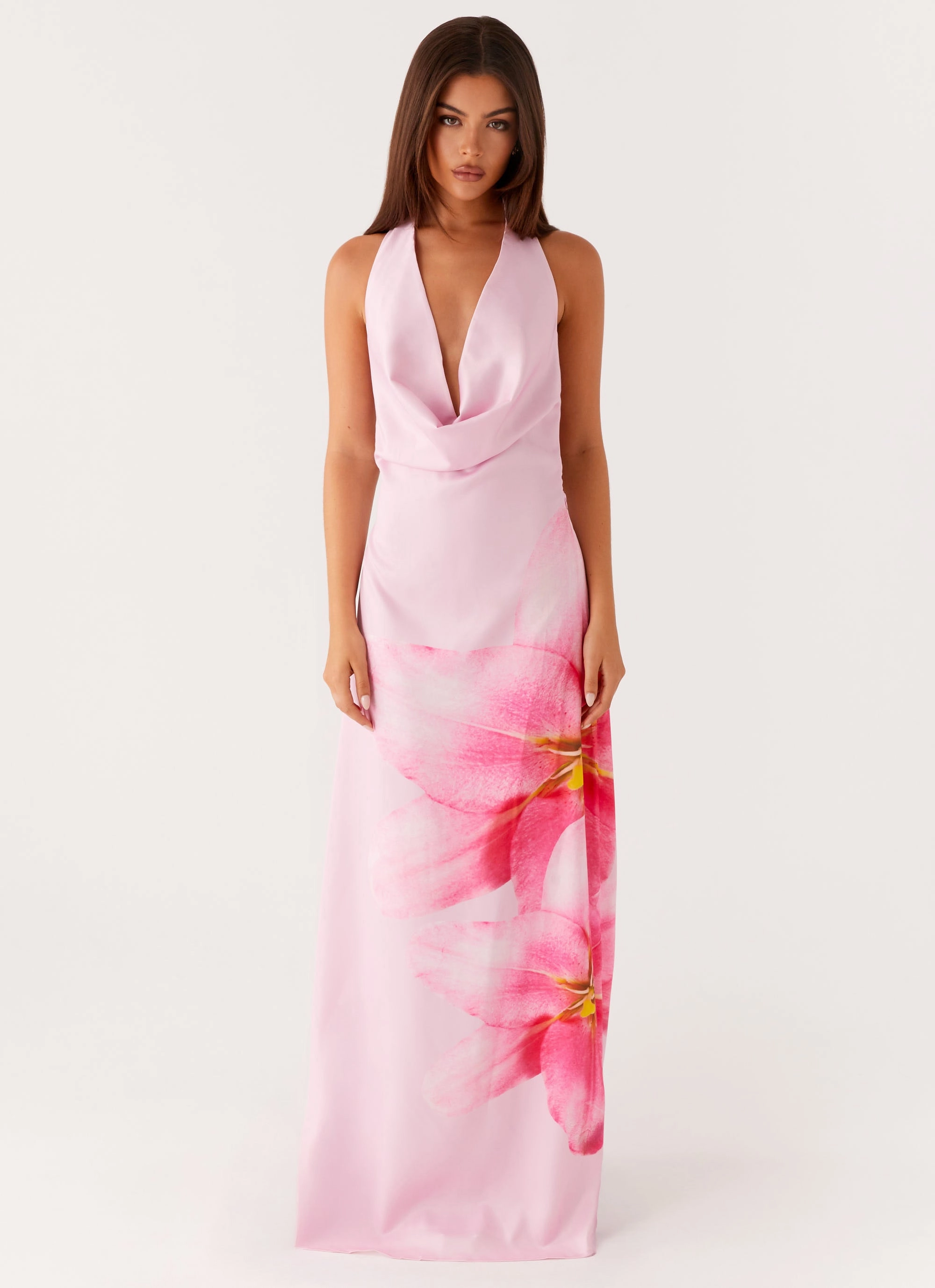 Bryony Cowl Maxi Dress - Pink Satin Grace Fashionable Style
