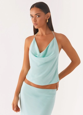 Modular Pocket Layout High Neck Design Another Life Halter Top - Pale Blue