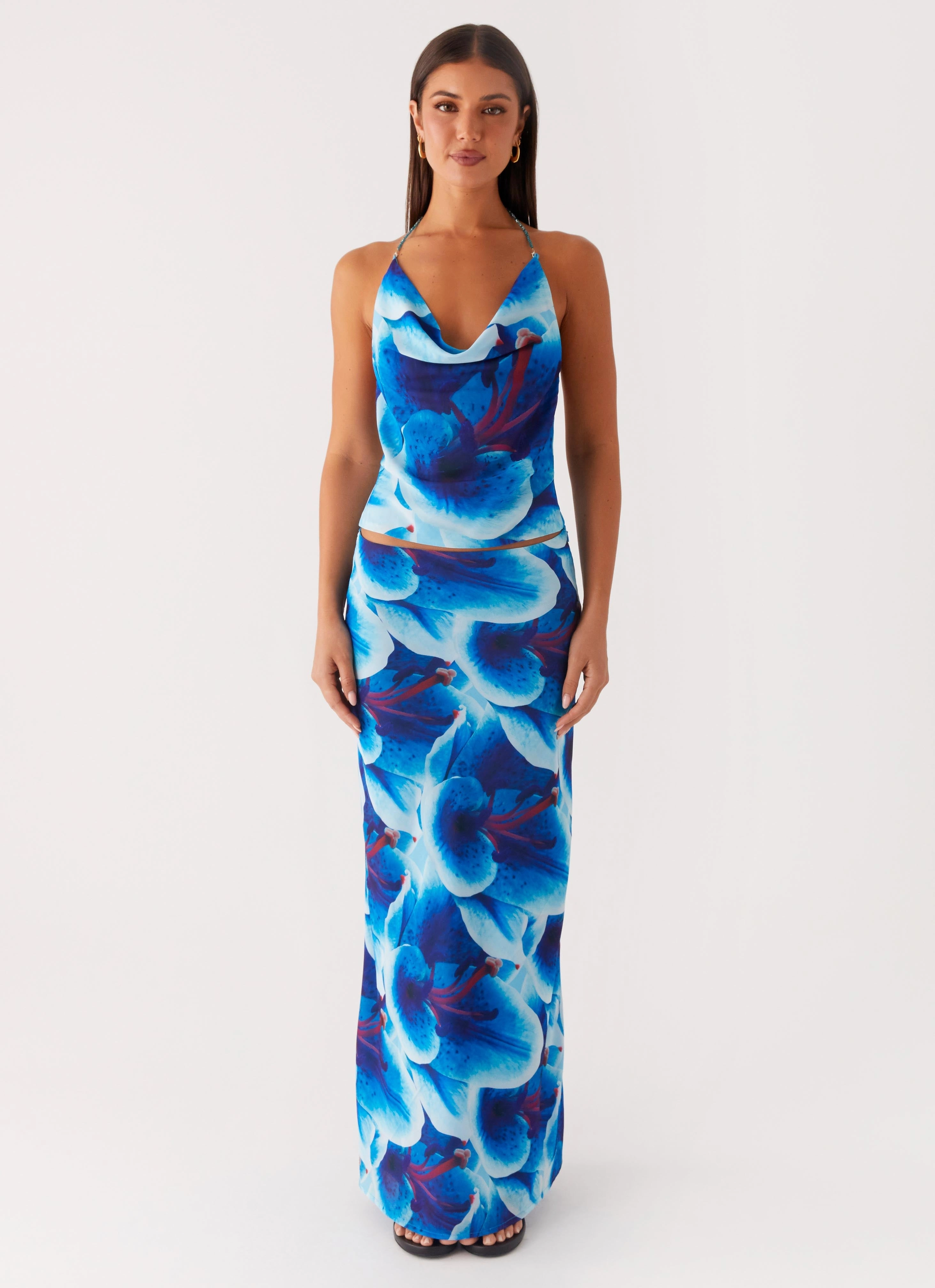 Interlock Stitching AntiStaticTreatment Another Life Halter Top - Turquoise Floral