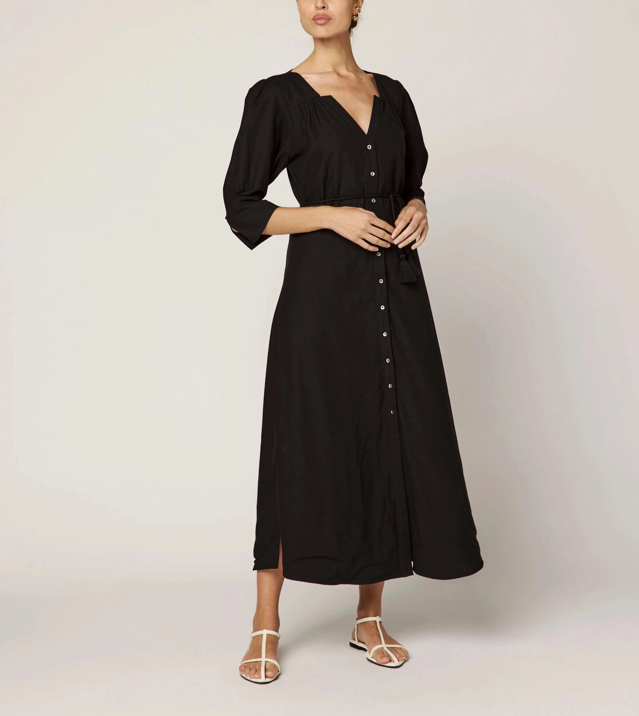 Paria Midi Dress | Black Heather Effect Finish V-neck Blouse