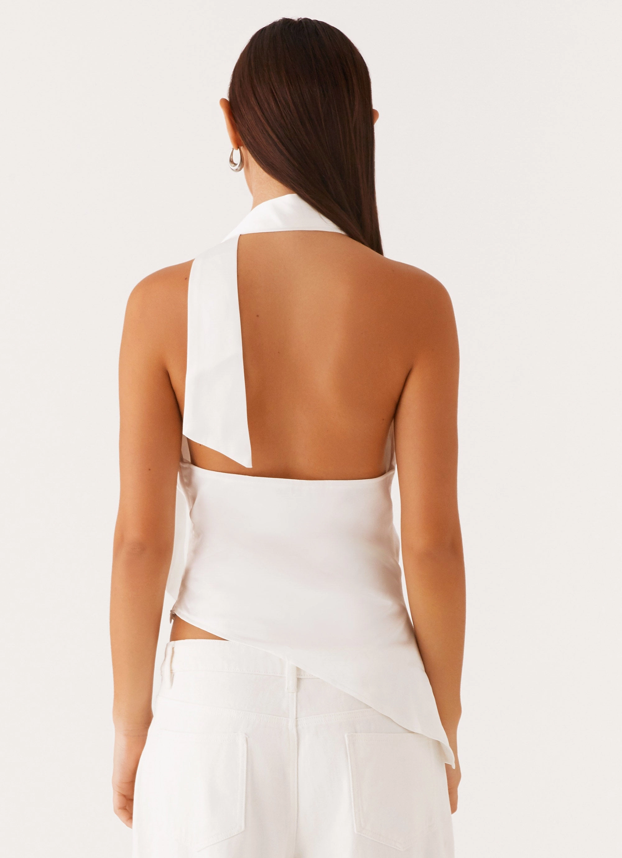 Nina Halterneck Scarf Top - White FlexibleCuff RibbedHemline