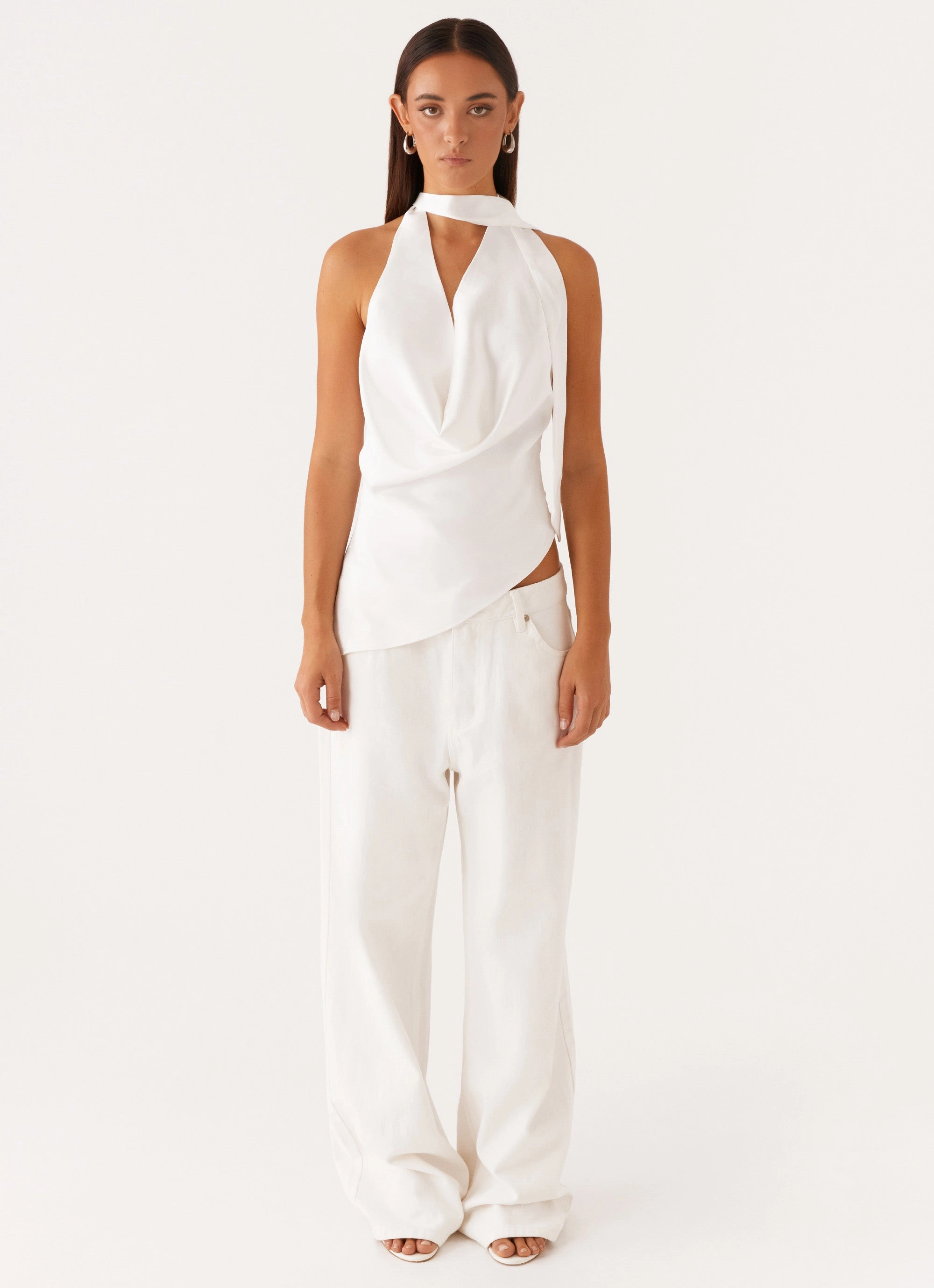 Nina Halterneck Scarf Top - White Subtle Texture Weave CompressionTechnology