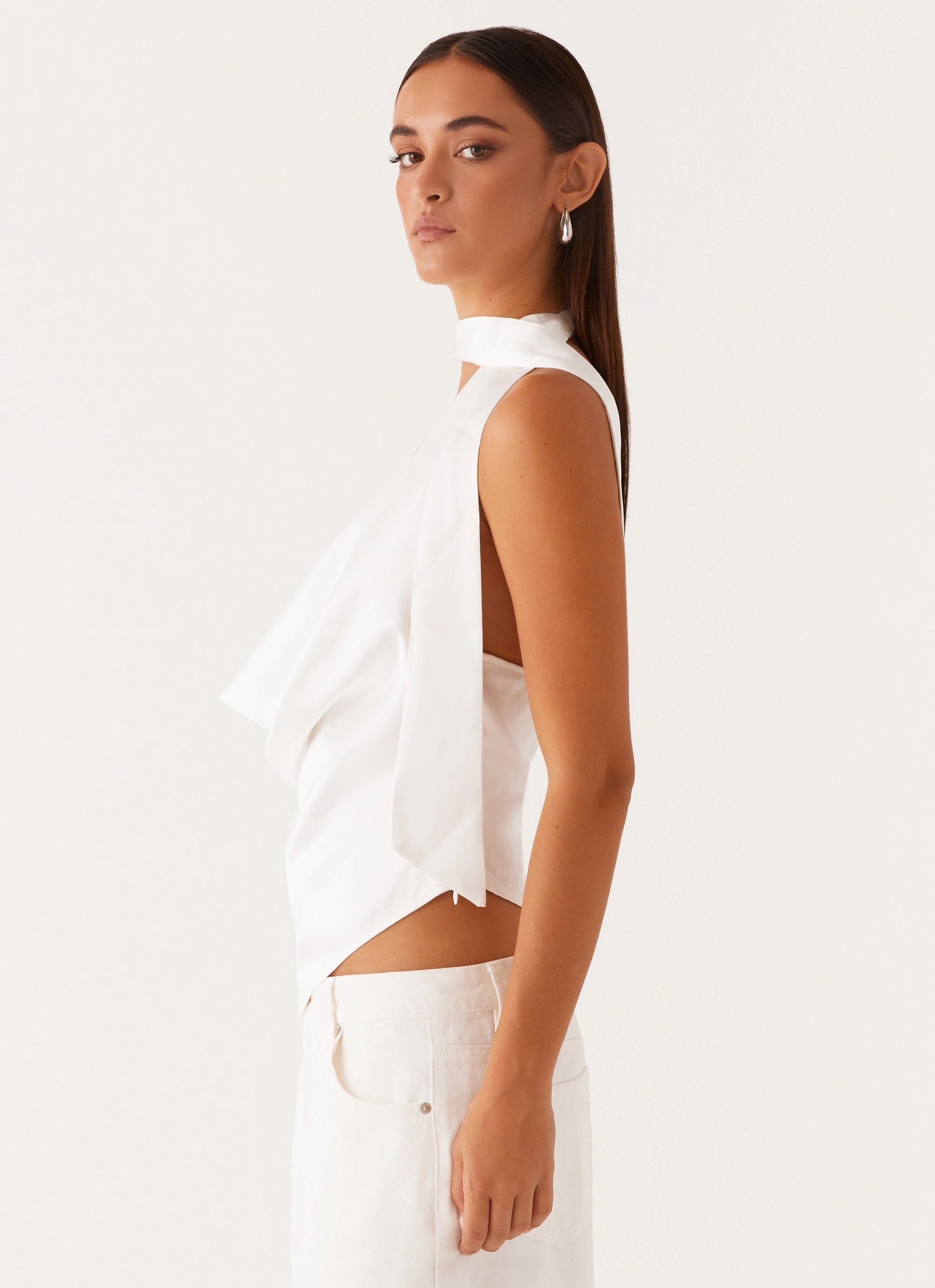 Nina Halterneck Scarf Top - White Stylish Outfit