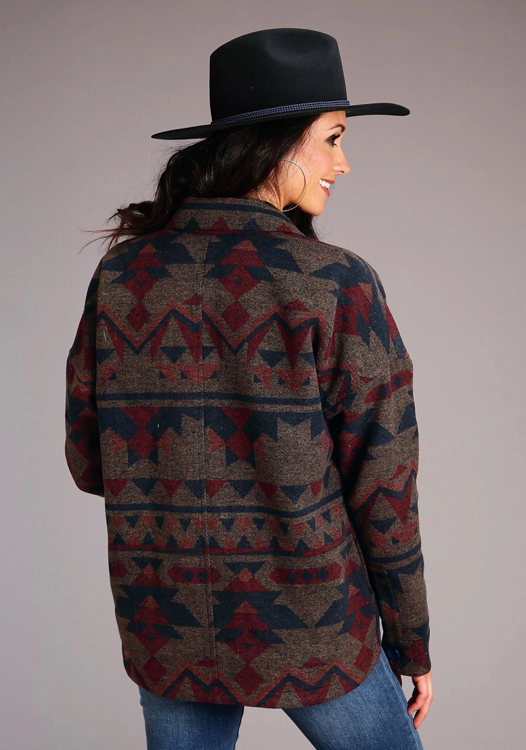 Stetson Womens Navy Multi Wool Blend Aztec Button Jacket High Visibility Trim Compression Panels