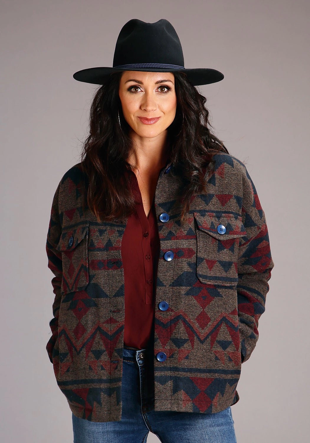 Anti Static Finish Stetson Womens Navy Multi Wool Blend Aztec Button Jacket