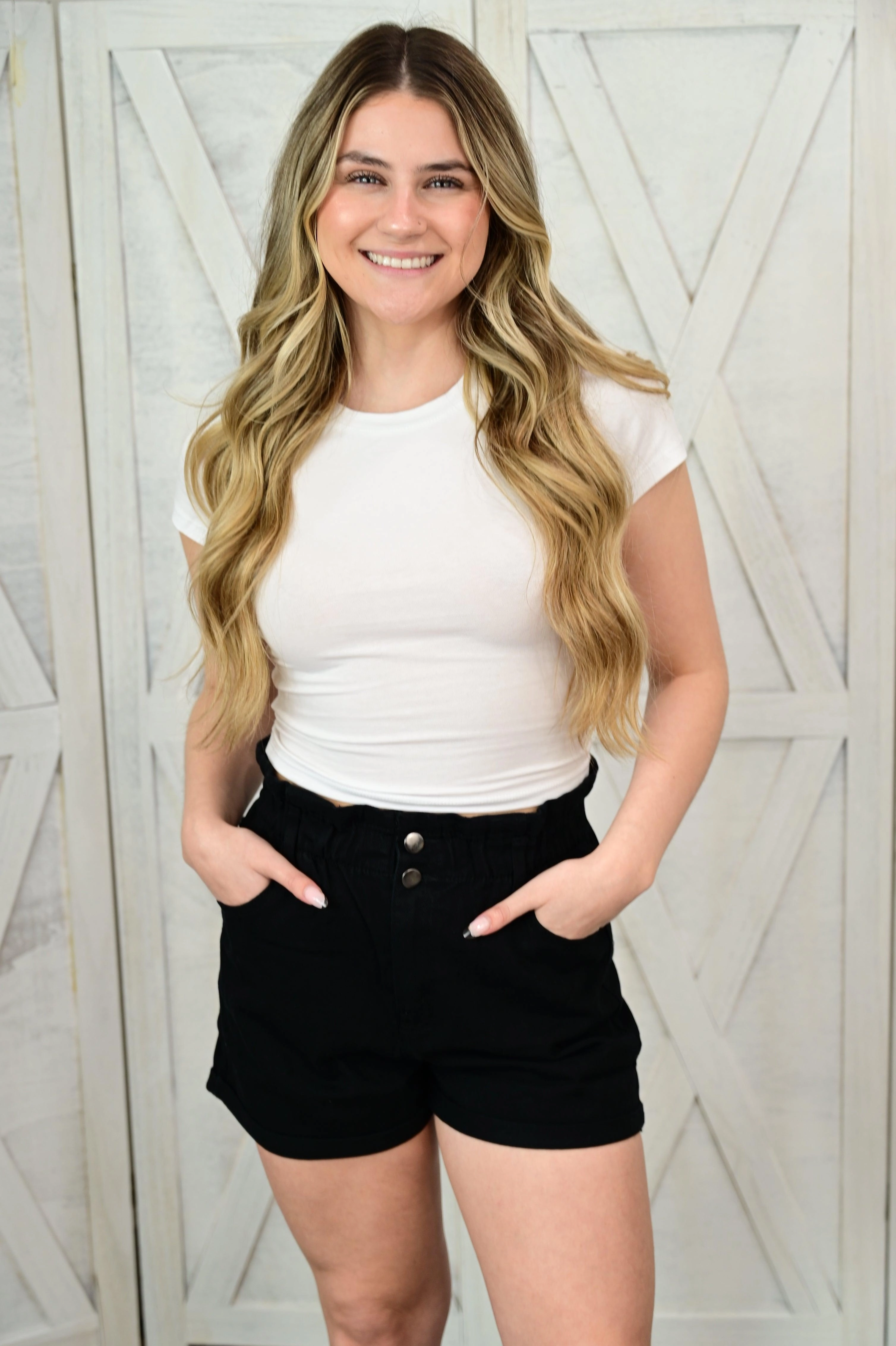 Recycled Elastic Trim Nora Double Buttoned Waistband Denim Shorts