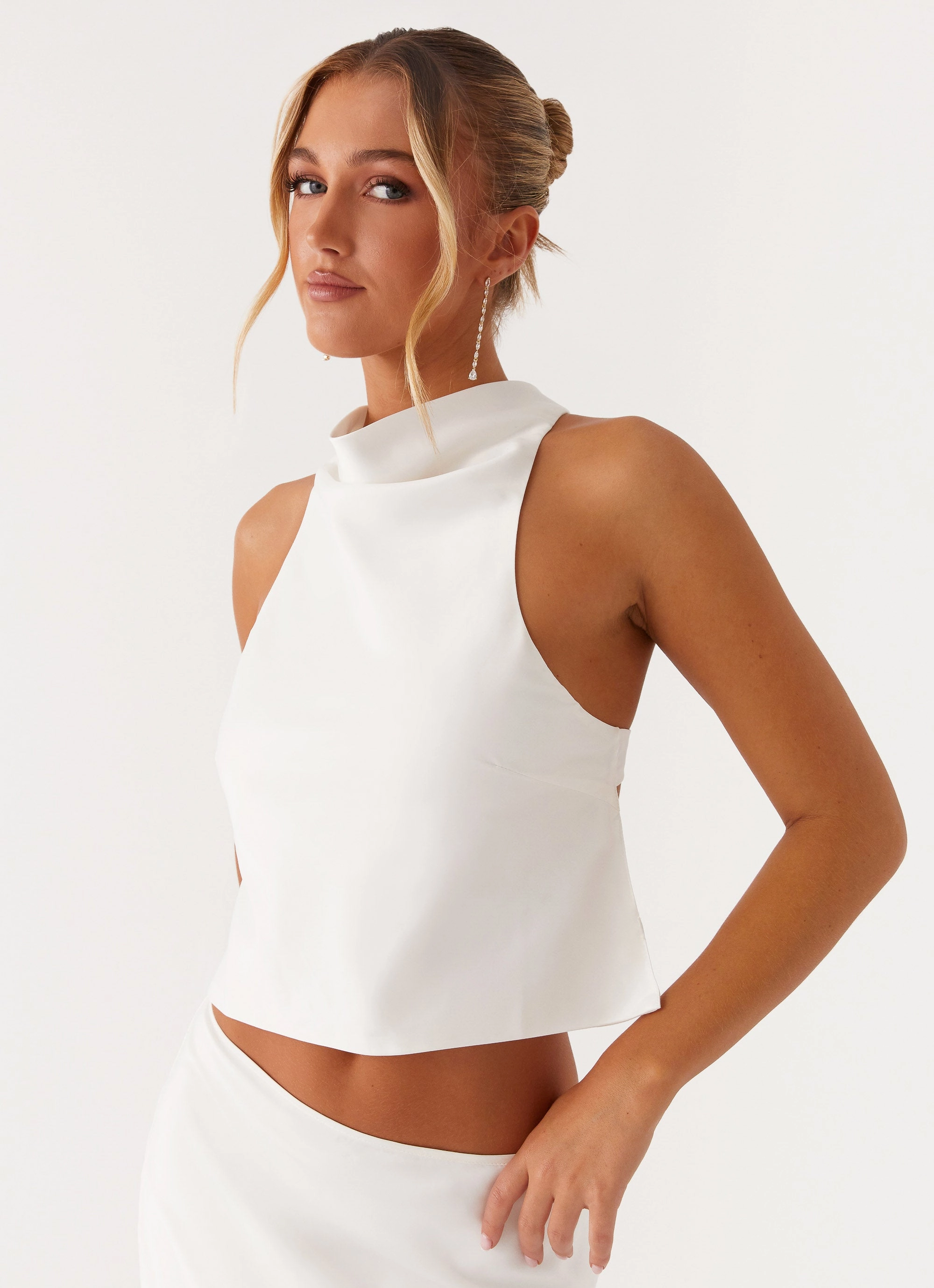 Brookie Satin Top - White Scoop Neck Shape Minimalist Aesthetic
