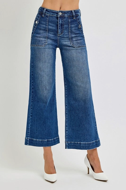 Ventilated Mesh Panels HoodedVersion JODIE HIGH RISE ANKLE WIDE LEG PATCH FRONT POCKET JEANS