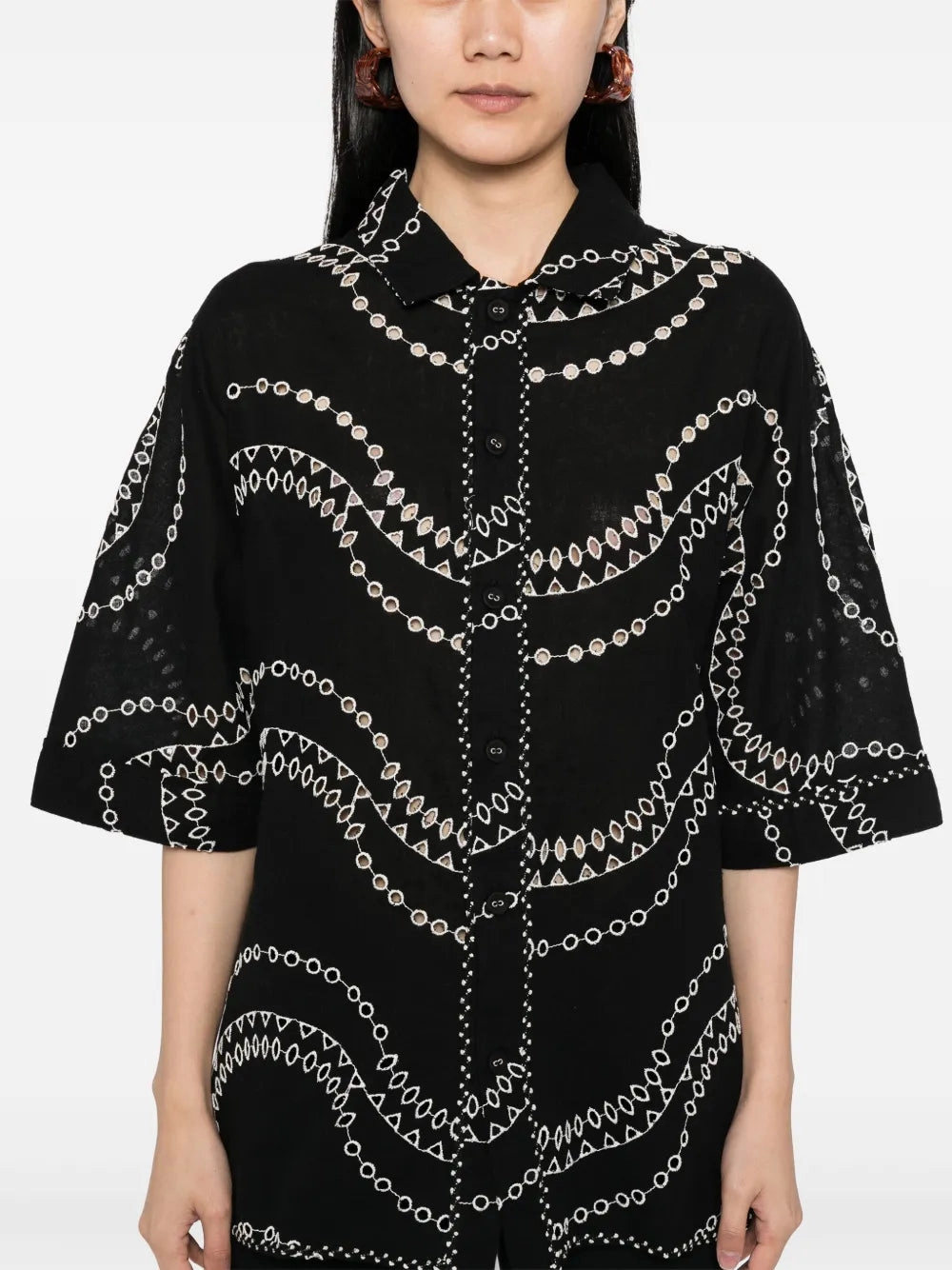 Ergonomic Pattern Design Sandwich Mesh Panel Structure Josie Blouse in Black