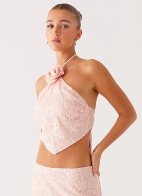 Sporty T-shirt Flatlock Seam Technique Queenie Sequin Halter Top - Pink