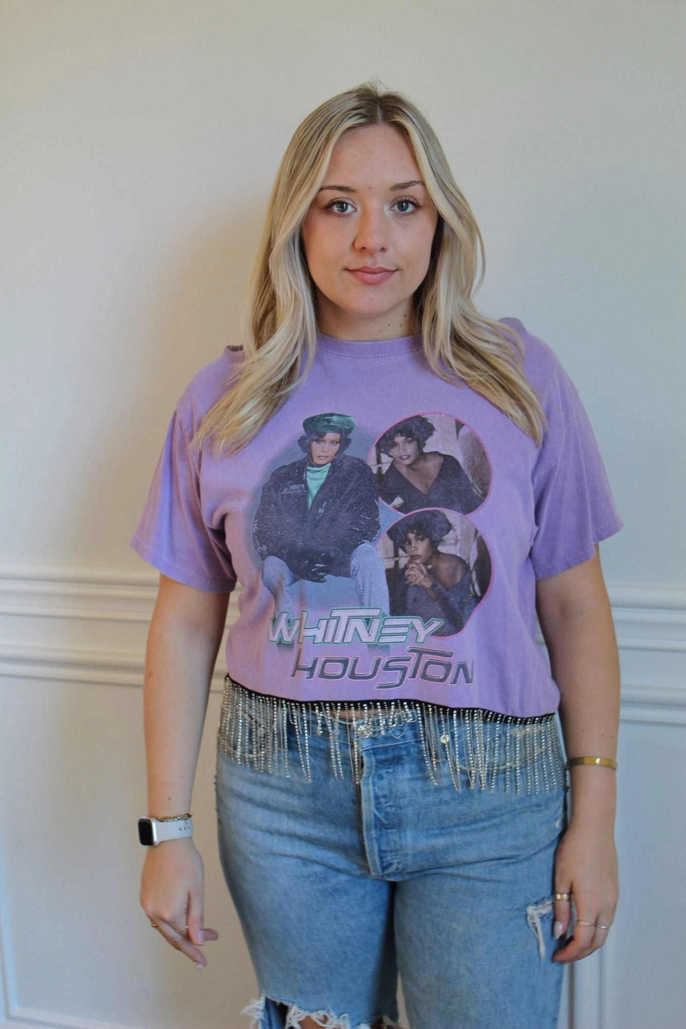 Whitney Houston Rhinestone Fringe Tee Seamless Knit Design Non Chafing Side Seams