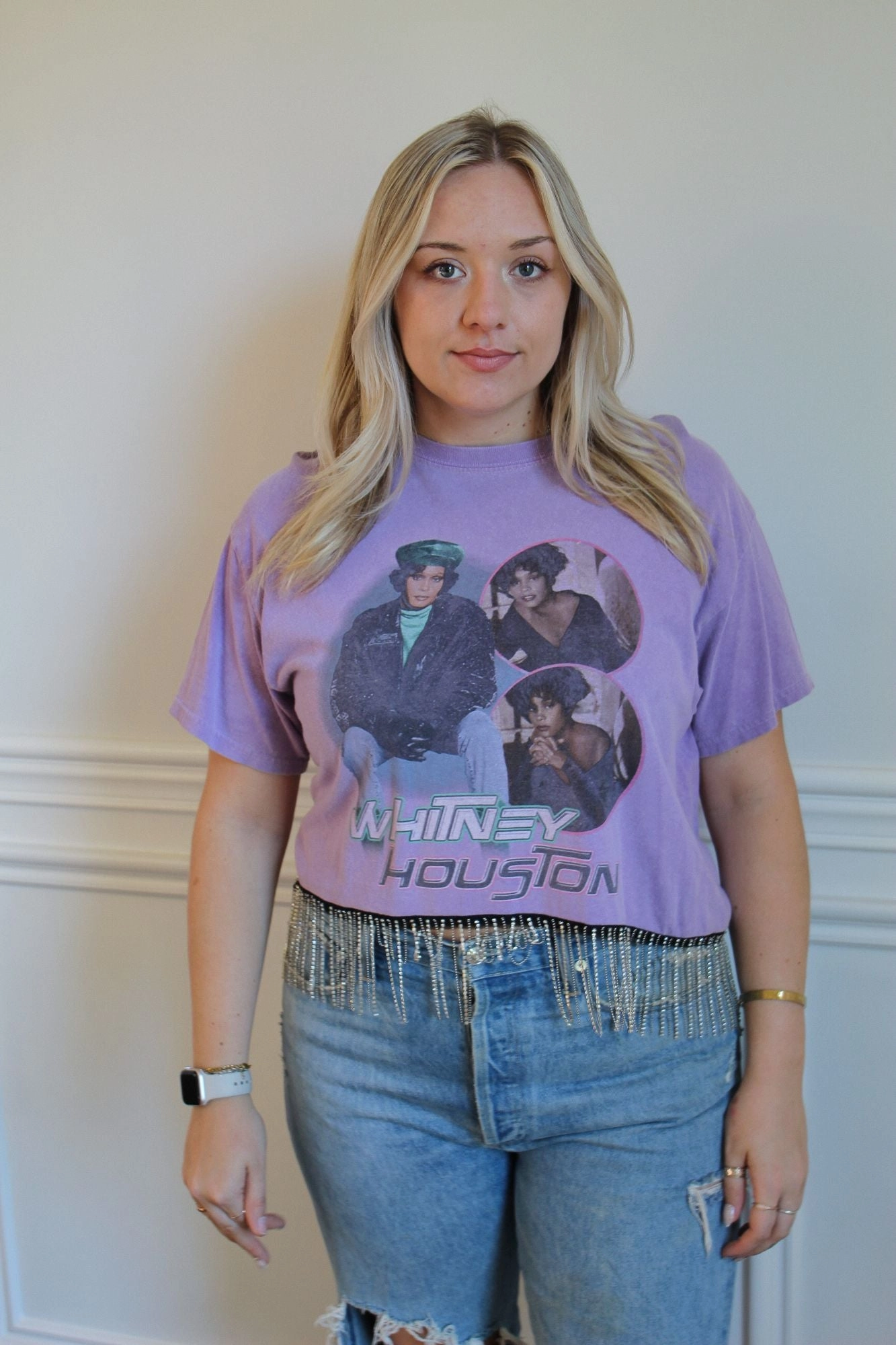 Seamless Knit Design Whitney Houston Rhinestone Fringe Tee