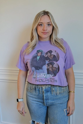 Whitney Houston Rhinestone Fringe Tee Seamless Knit Design Non Chafing Side Seams