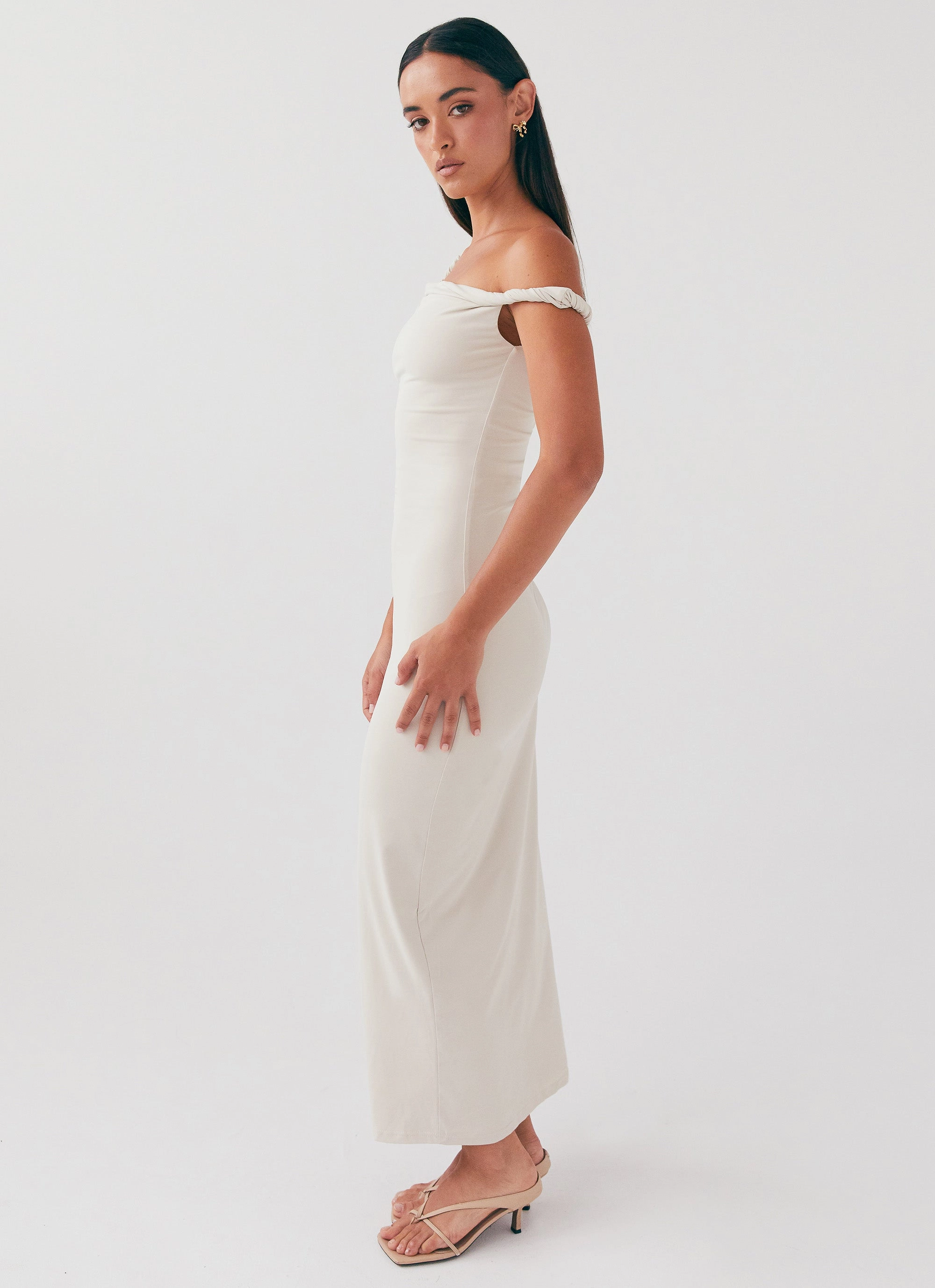 Arabella Twist Shoulder Maxi Dress - Beige Flattering Layer Quiet Luxury