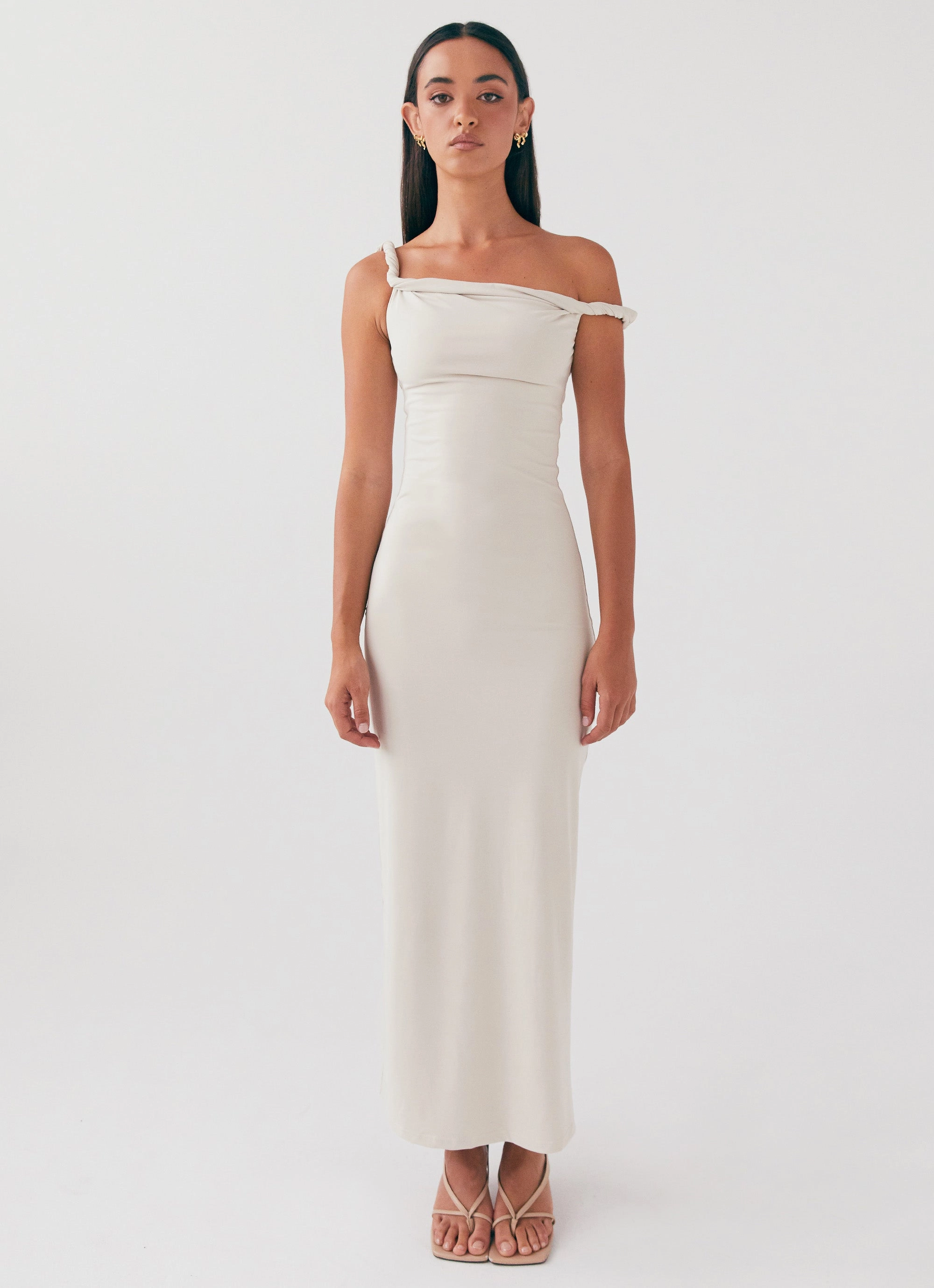 Bare Glow Casual Comfort Arabella Twist Shoulder Maxi Dress - Beige