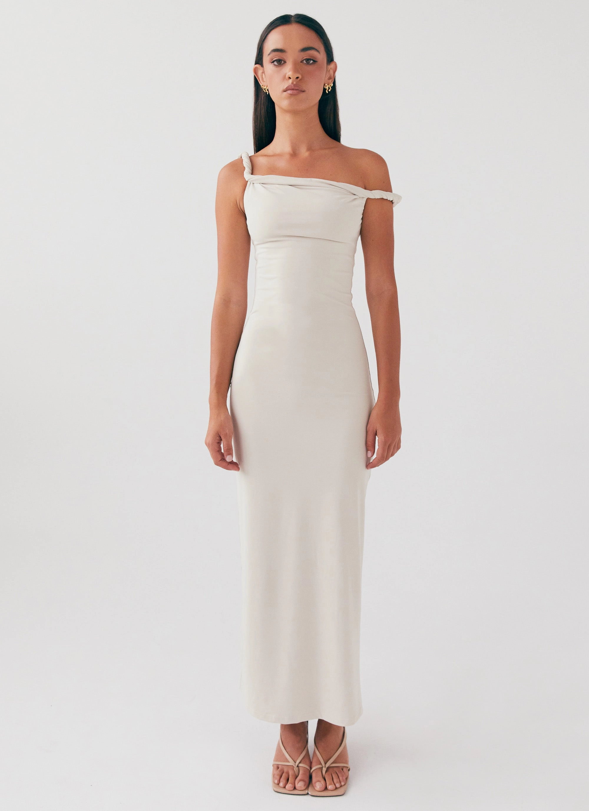 Farm Air Work Favorite Arabella Twist Shoulder Maxi Dress - Beige