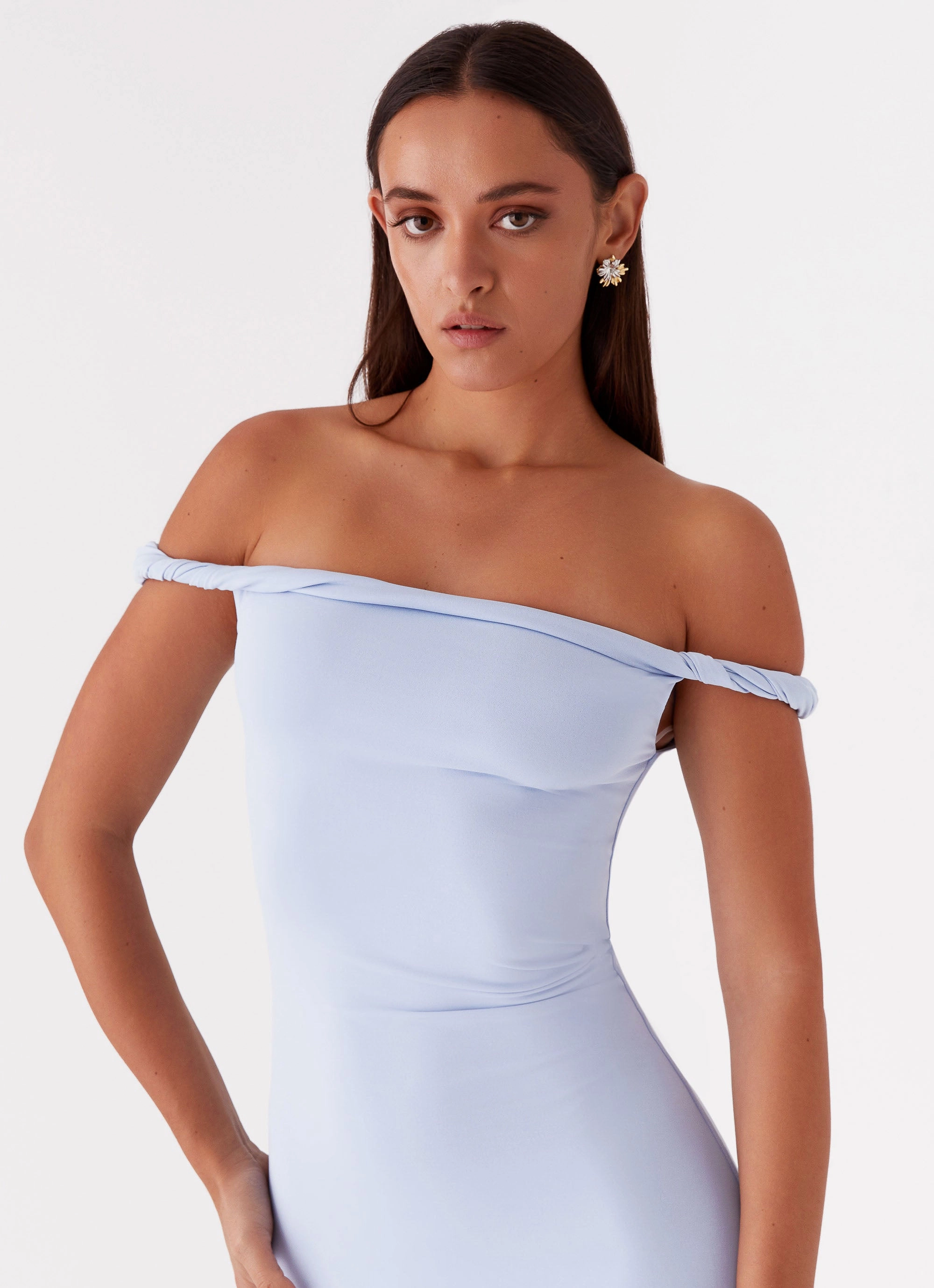 Perfectly Fitted Invisible-Zip Arabella Twist Shoulder Maxi Dress - Blue