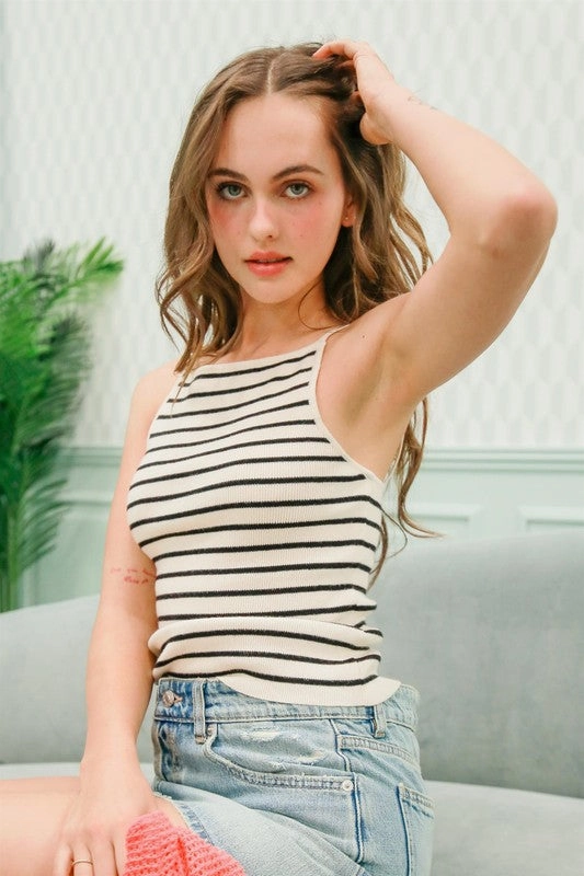 Aria Striped Knit Halter Neck Cami Top combat