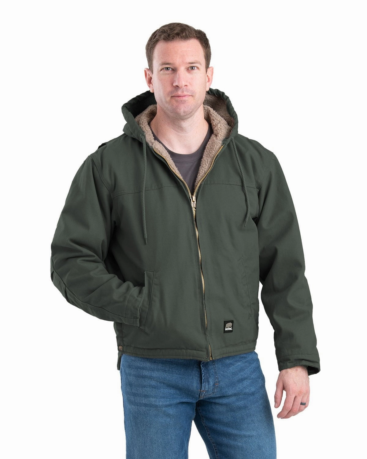 Snag Free Knit Berne Mens Heartland Washed Hooded Moss 100% Cotton Chore Jacket