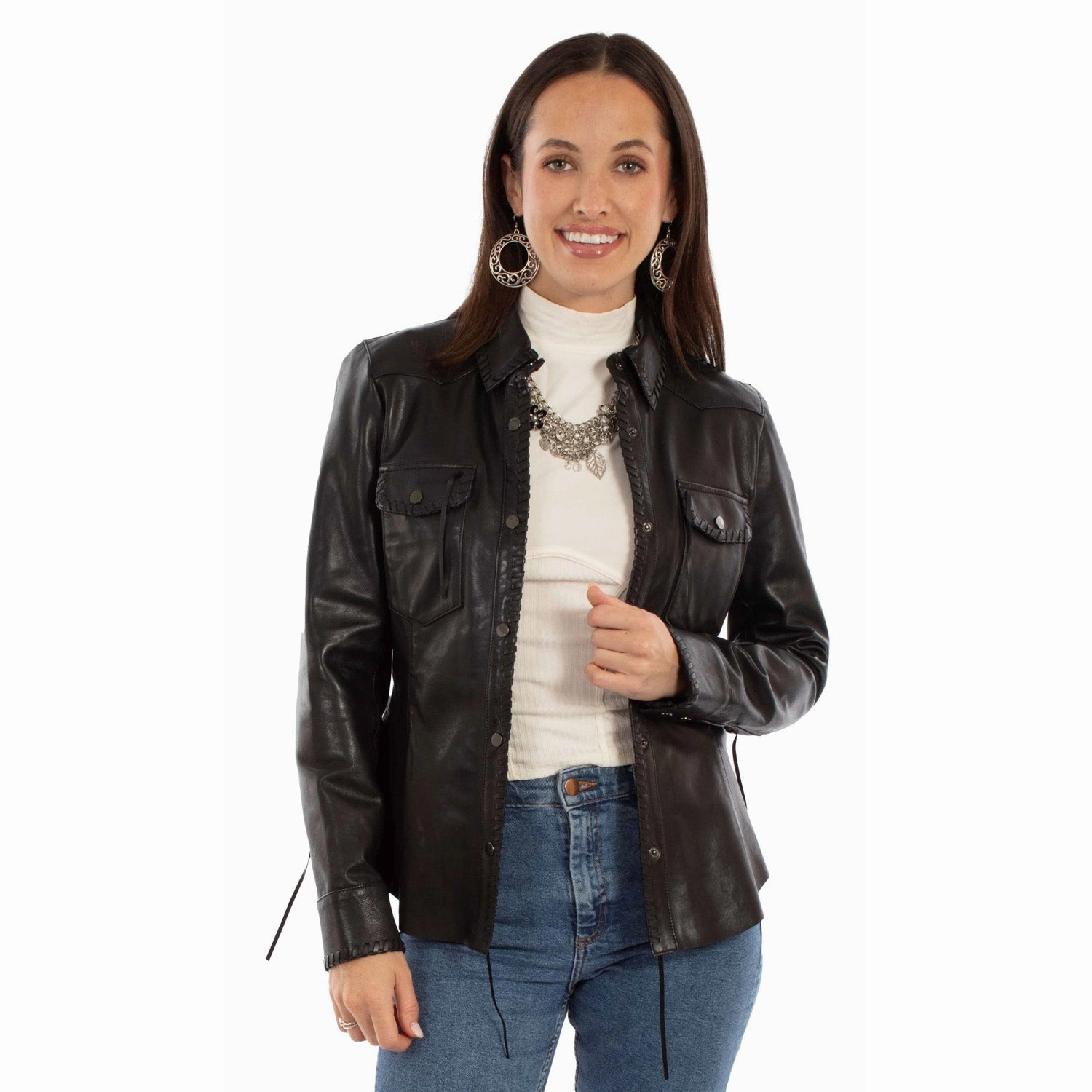 Scully Womens Western Snap Black Leather Leather Jacket Packable Feature FoldableStructure