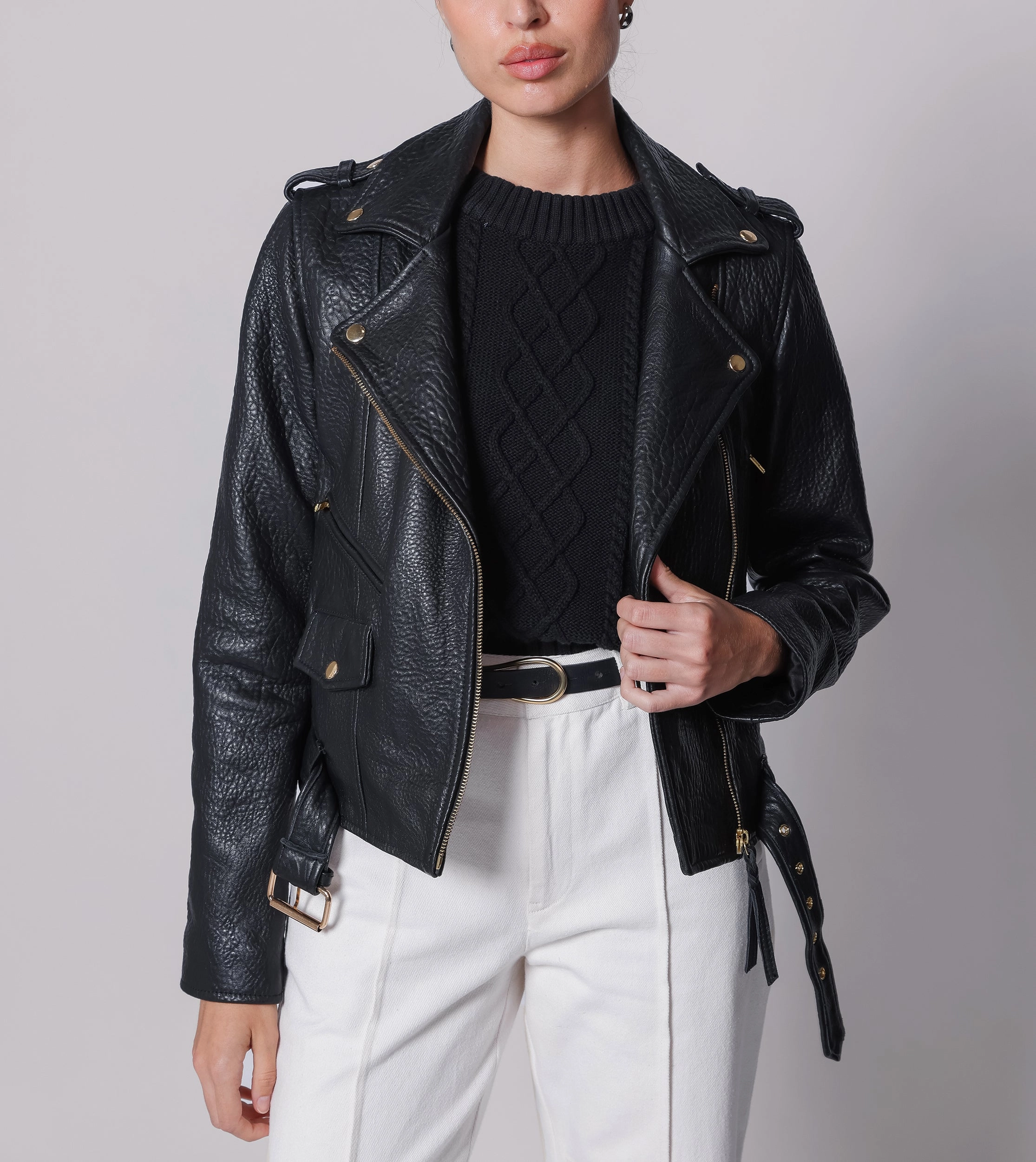 Asher Leather Jacket | Black Stretch Waistband Design Stretch waistband