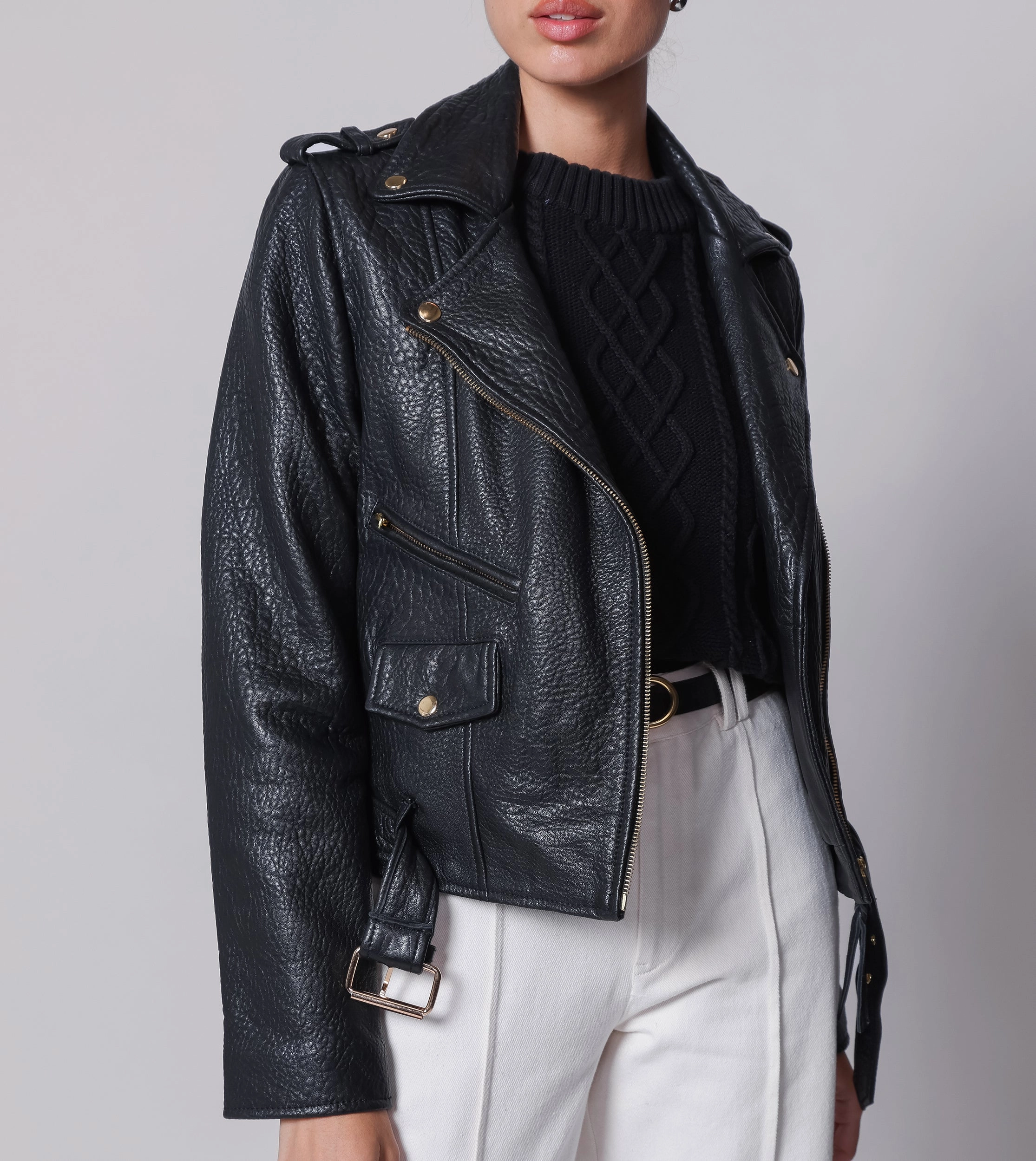 Asher Leather Jacket | Black Low Profile Waistband Integration YarnDyeStripe