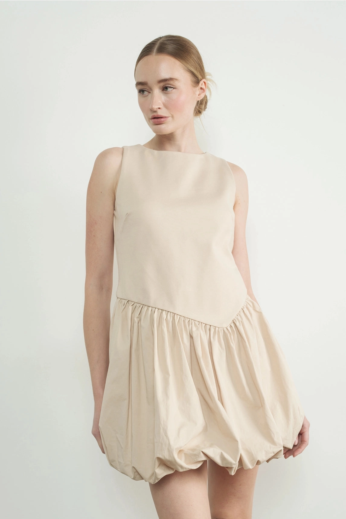 DurableStitching Asymmetrical Waist Bubble Dress - Taupe